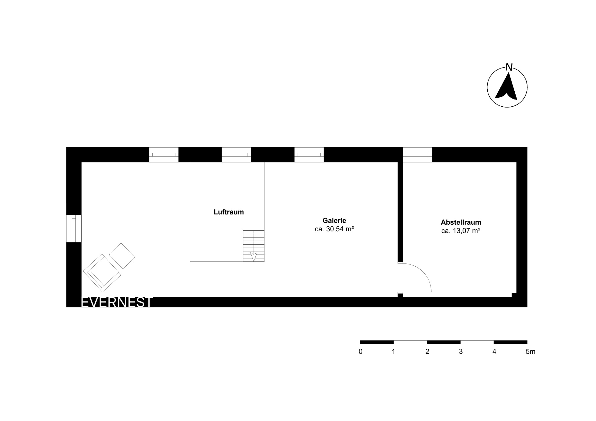 Grundriss mit Galerie, Luftraum, Abstellraum und Treppe, Maßstab unten rechts.