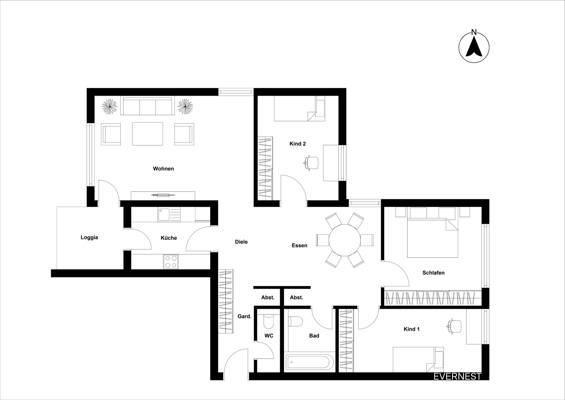 Grundriss einer Wohnung mit Wohnzimmer, Küche, drei Schlafzimmern, Bad und Loggia.