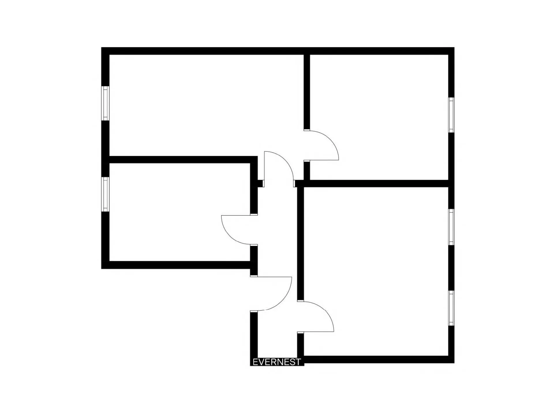Schwarz-weißer Grundriss mit vier Zimmern und drei Innentüren.
