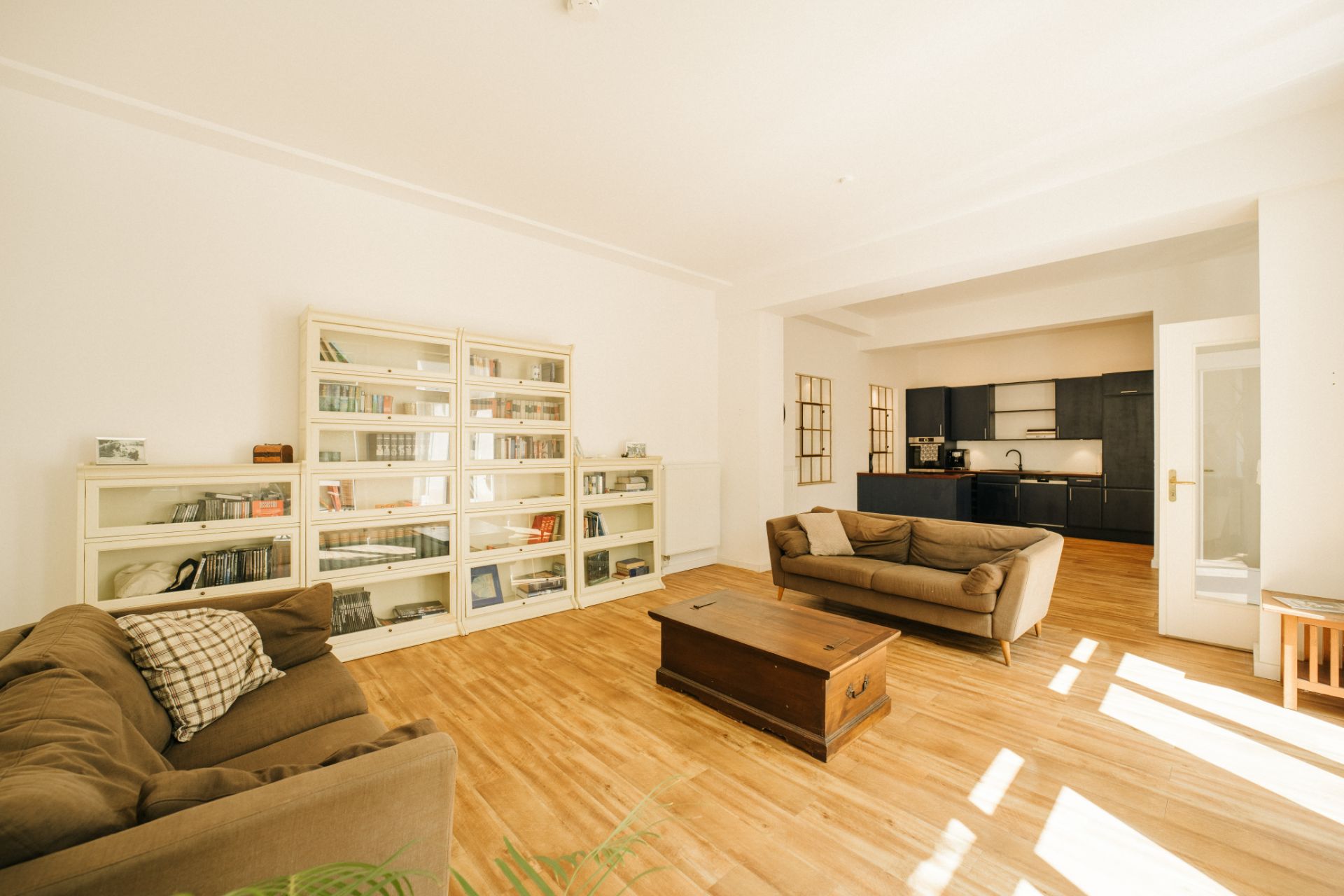 Helles Wohnzimmer mit zwei Sofas, Couchtisch, Bücherregalen und offener Küche im Hintergrund.