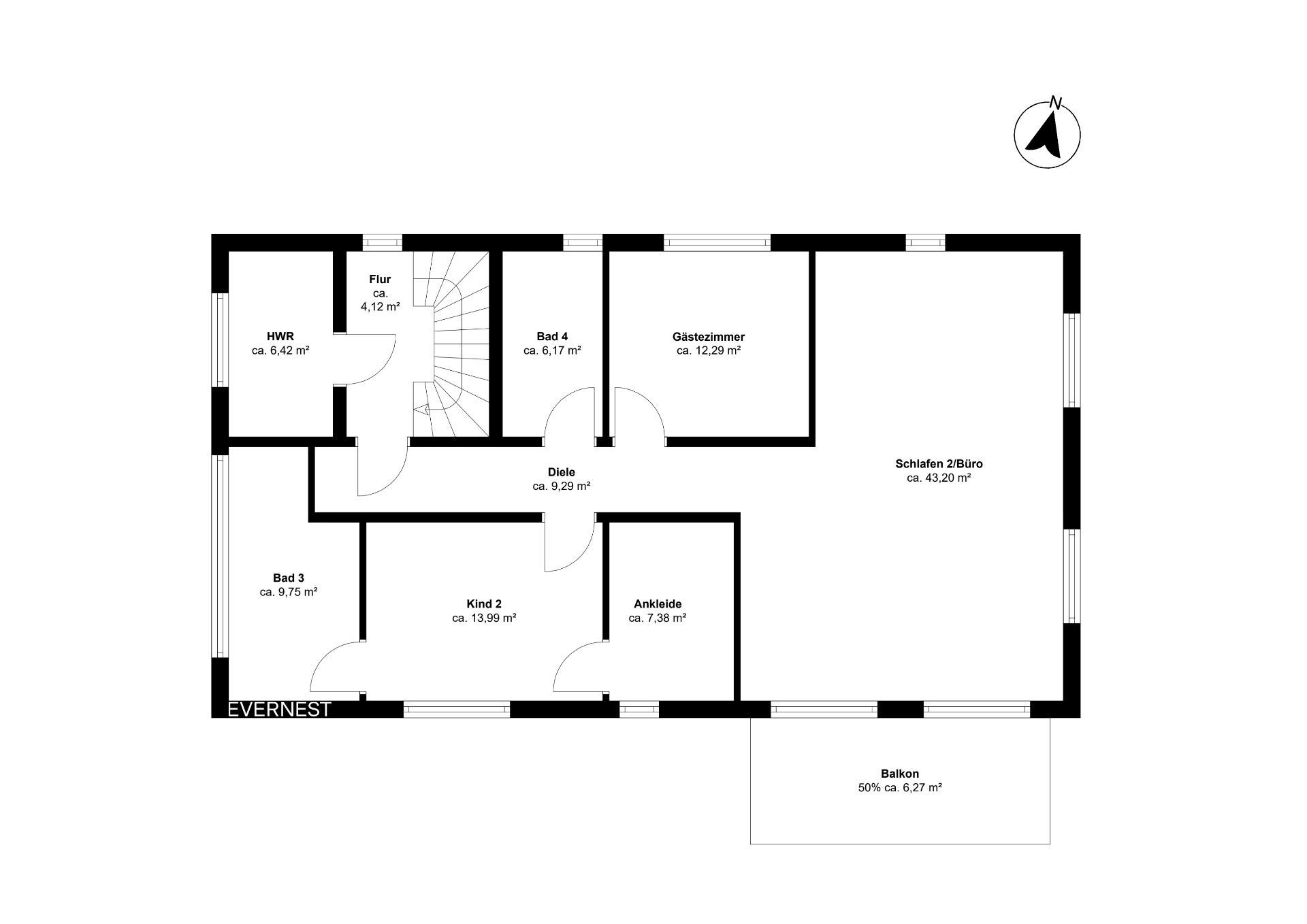 Grundriss mit Schlafzimmer, Kinderzimmer, Bädern, Gästezimmer, Ankleide und Balkon.