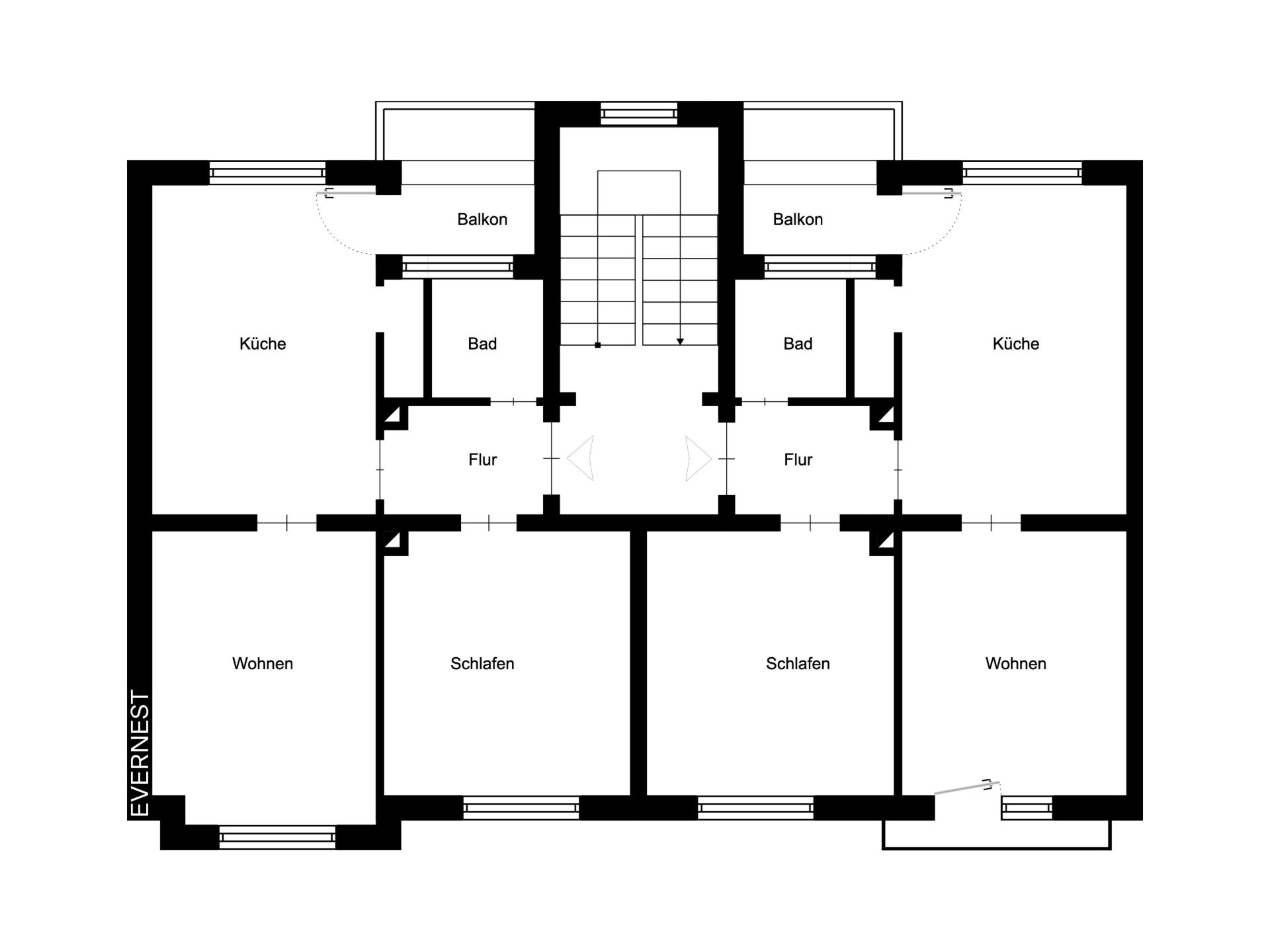 Grundriss mit zwei Wohnungen, jeweils mit Küche, Bad, Balkon, Wohn- und Schlafzimmer.