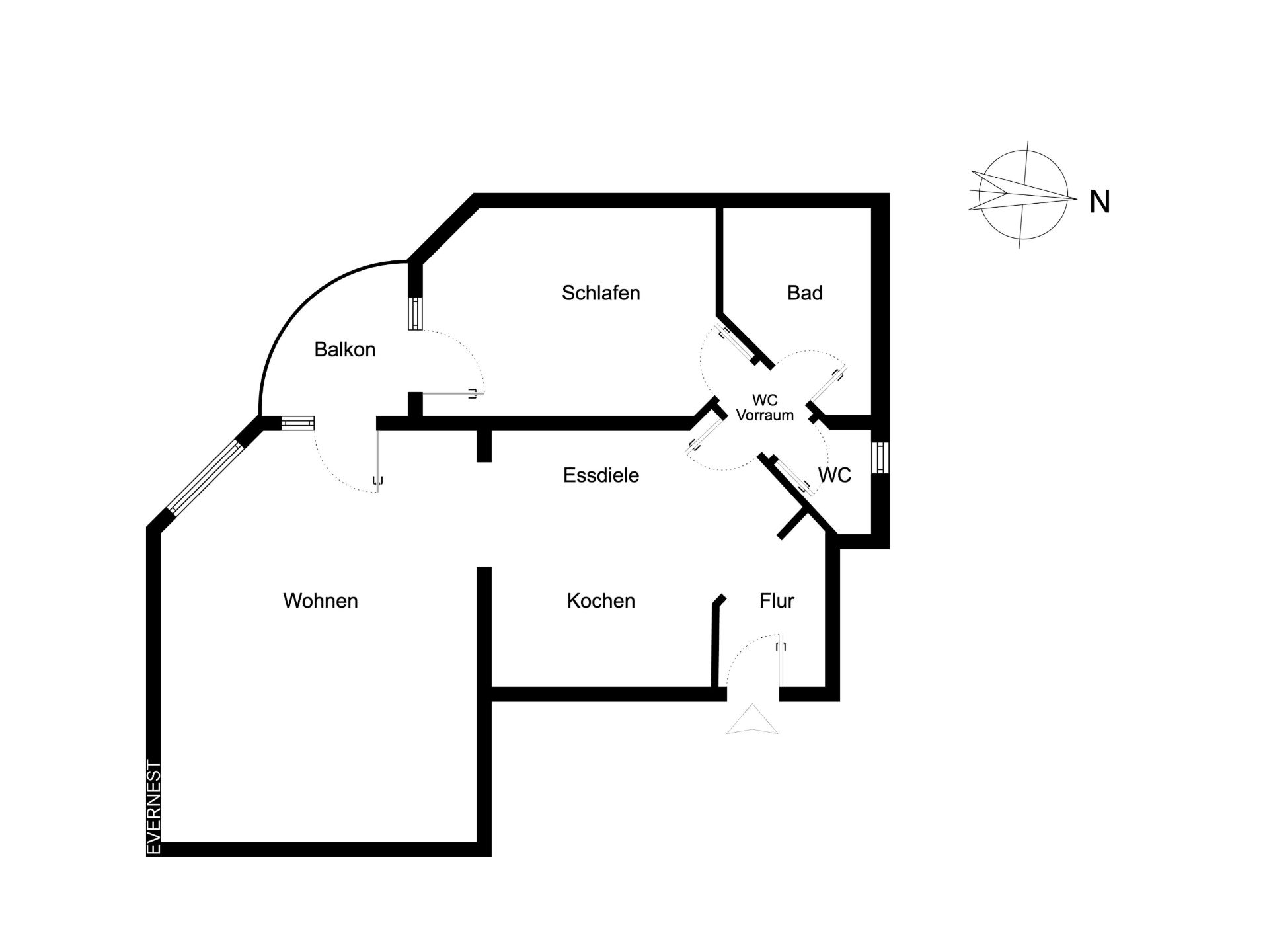 Grundriss einer Wohnung mit Wohnzimmer, Schlafzimmer, Küche, Essdiele, Bad, WC und Balkon.