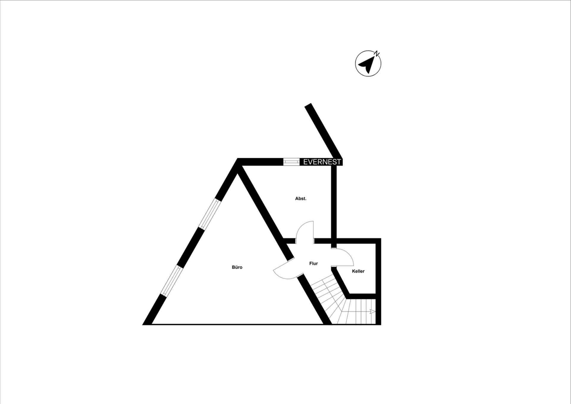 Grundriss mit Büro, Abstellraum, Flur, Keller und Treppe.