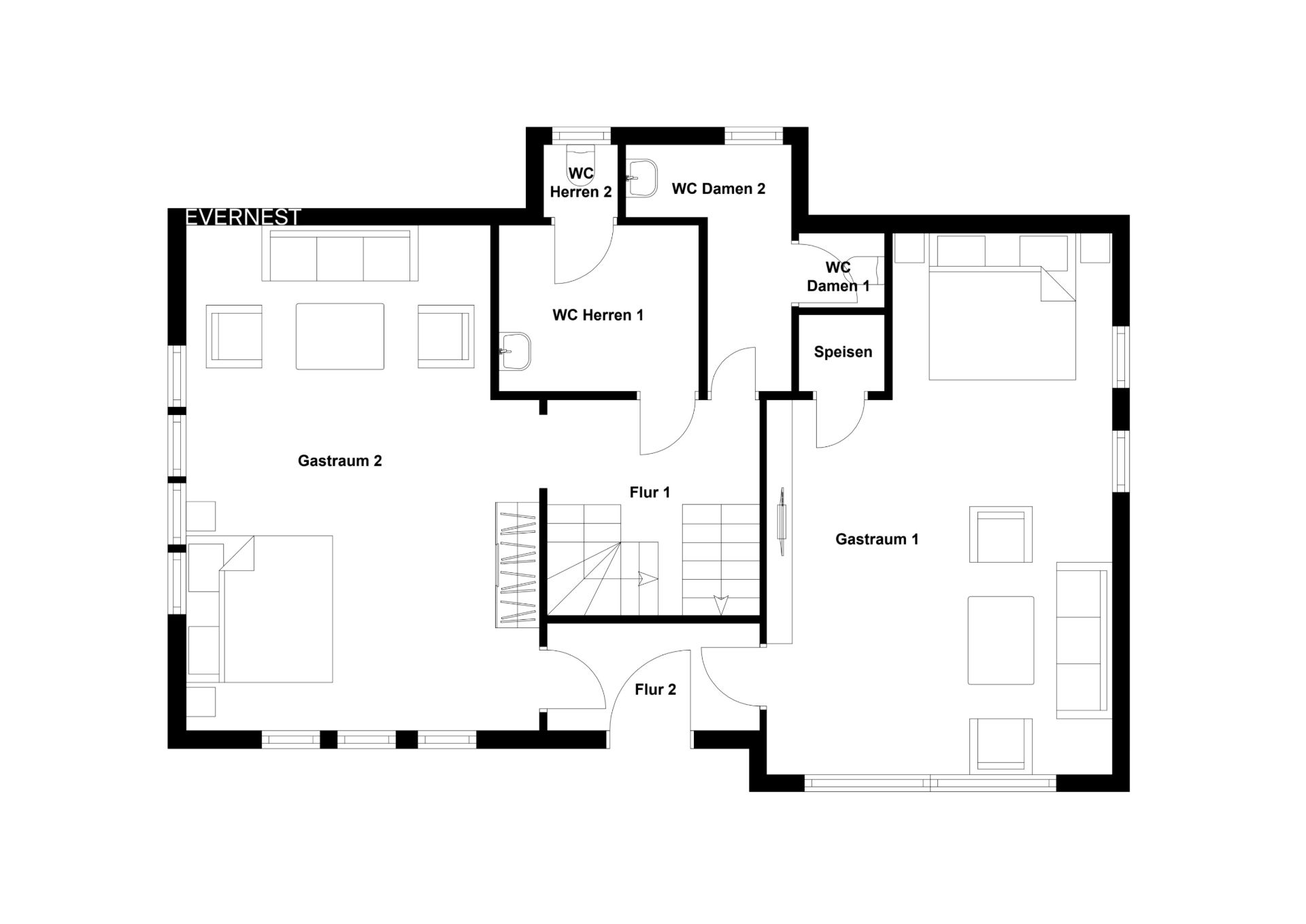 Grundriss mit zwei Gasträumen, Fluren, Speisekammer und mehreren WCs.