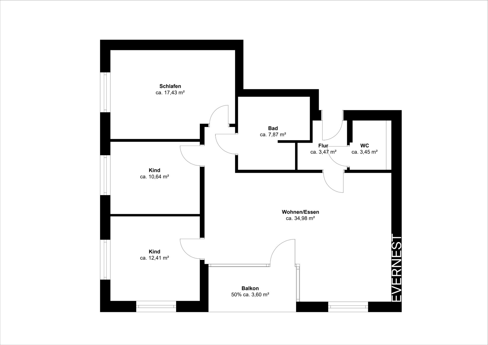 Grundriss mit Schlafzimmer, zwei Kinderzimmern, Bad, WC, Wohn-Ess-Bereich und Balkon.