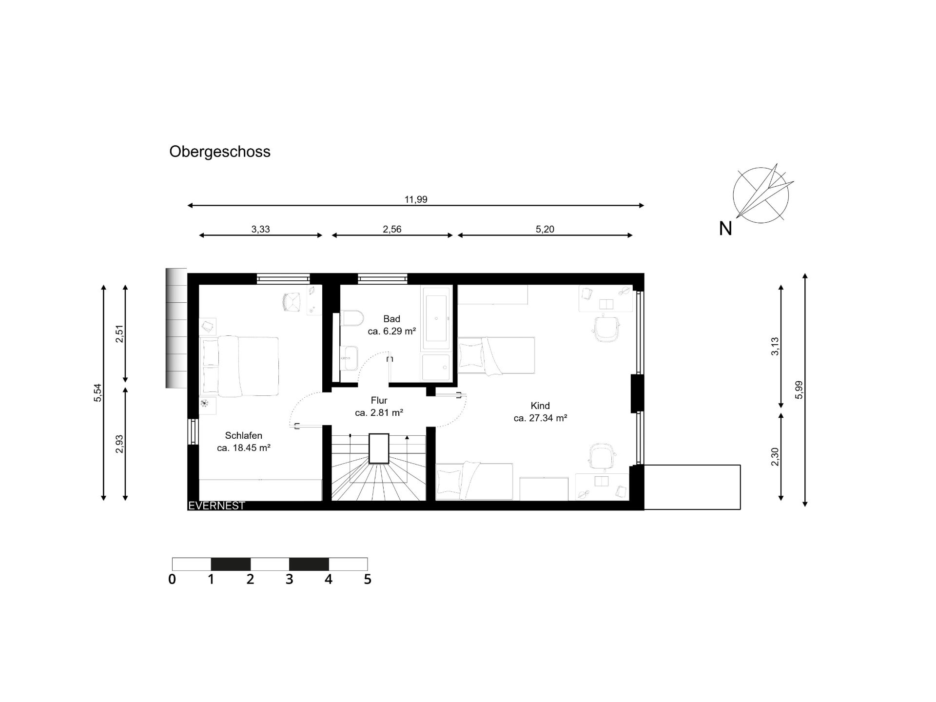 Grundriss des Obergeschosses mit Schlaf-, Kinderzimmer, Bad und Flur.