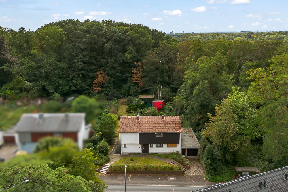 Zweistöckiges Haus mit Garten, umgeben von vielen Bäumen, Blick von oben.