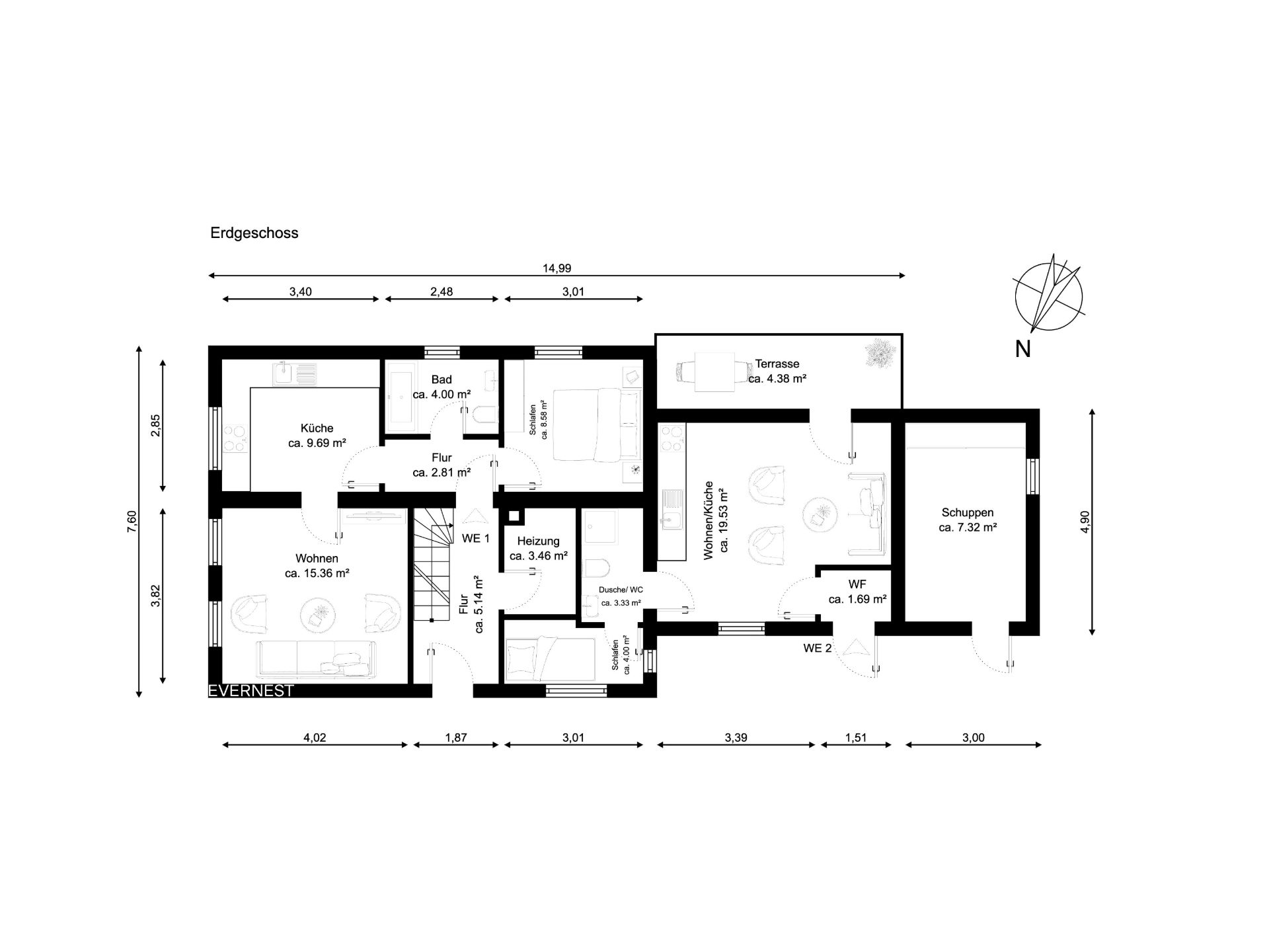 Grundriss des Erdgeschosses mit Küche, Wohnzimmer, Bad, Schlafzimmer, Terrasse und Schuppen.