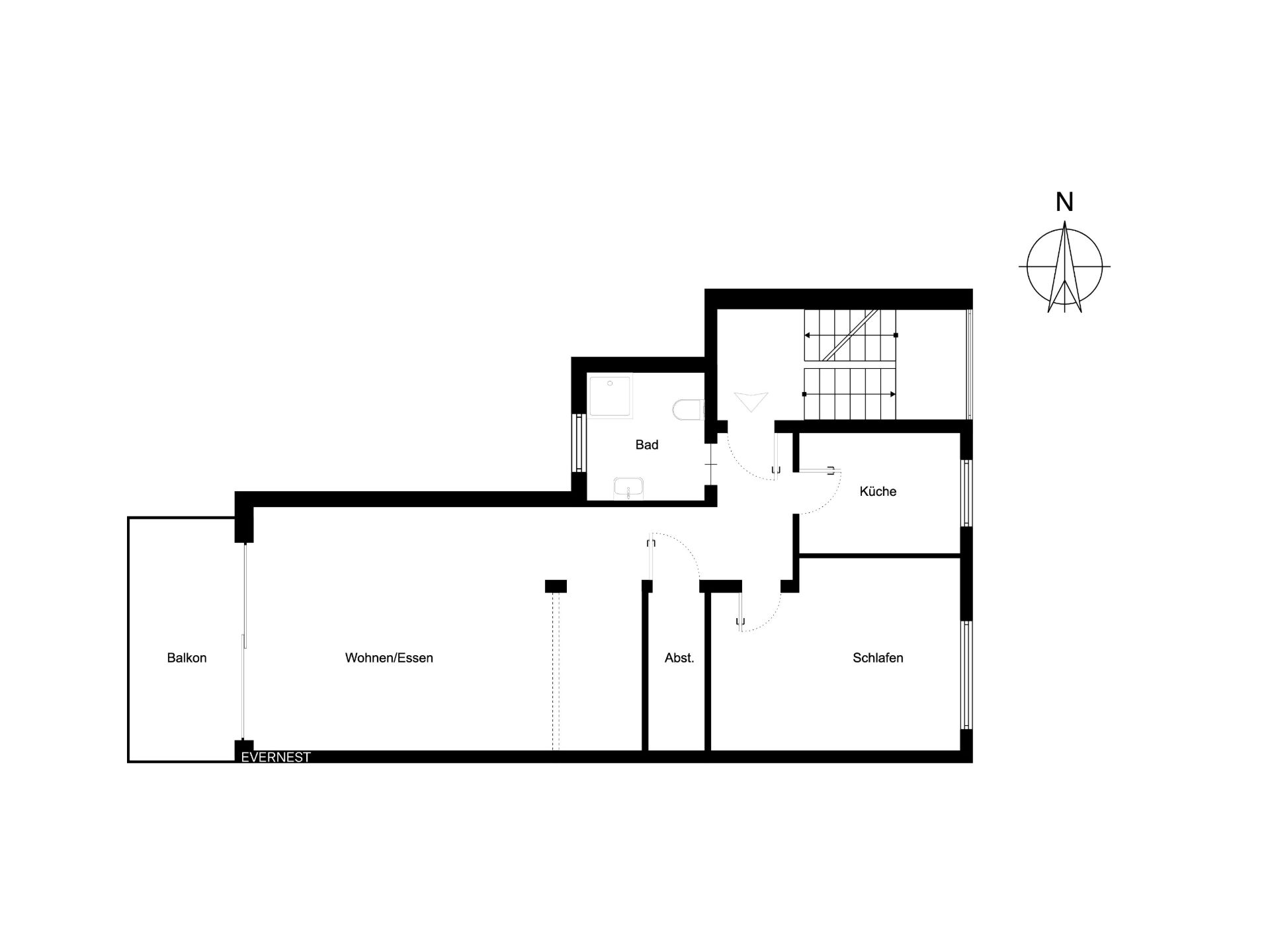 Grundriss einer Wohnung mit Balkon, Wohnzimmer, Küche, Bad, Schlafzimmer und Abstellraum.