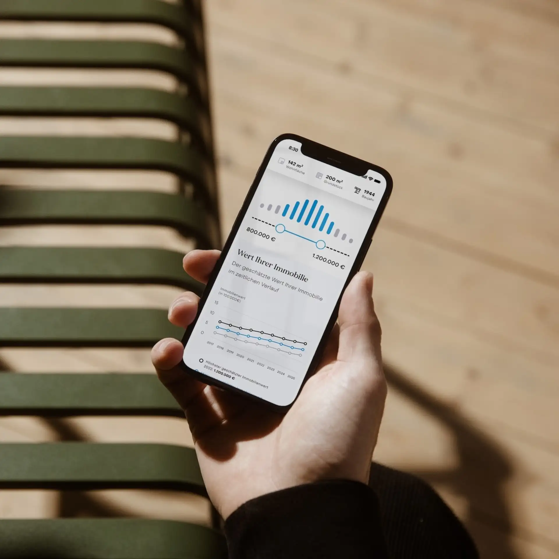 Hand hält Smartphone mit Immobilienbewertungsdiagrammen auf dem Bildschirm.
