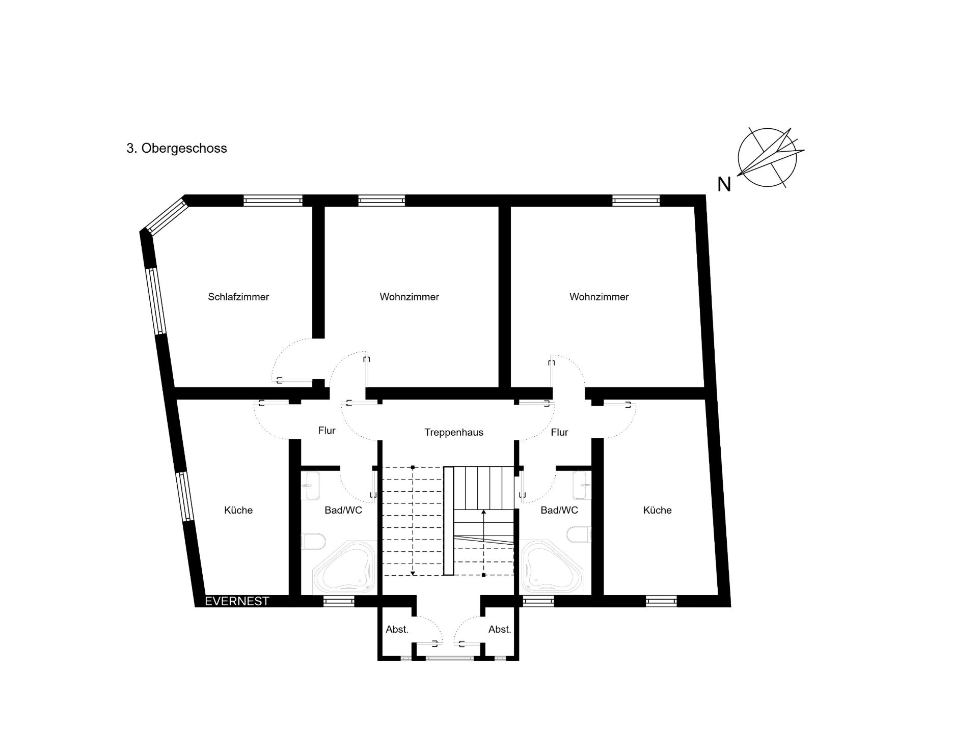 Grundriss einer Etage mit Schlafzimmer, Wohnzimmer, Küche, Bad/WC und Flur.