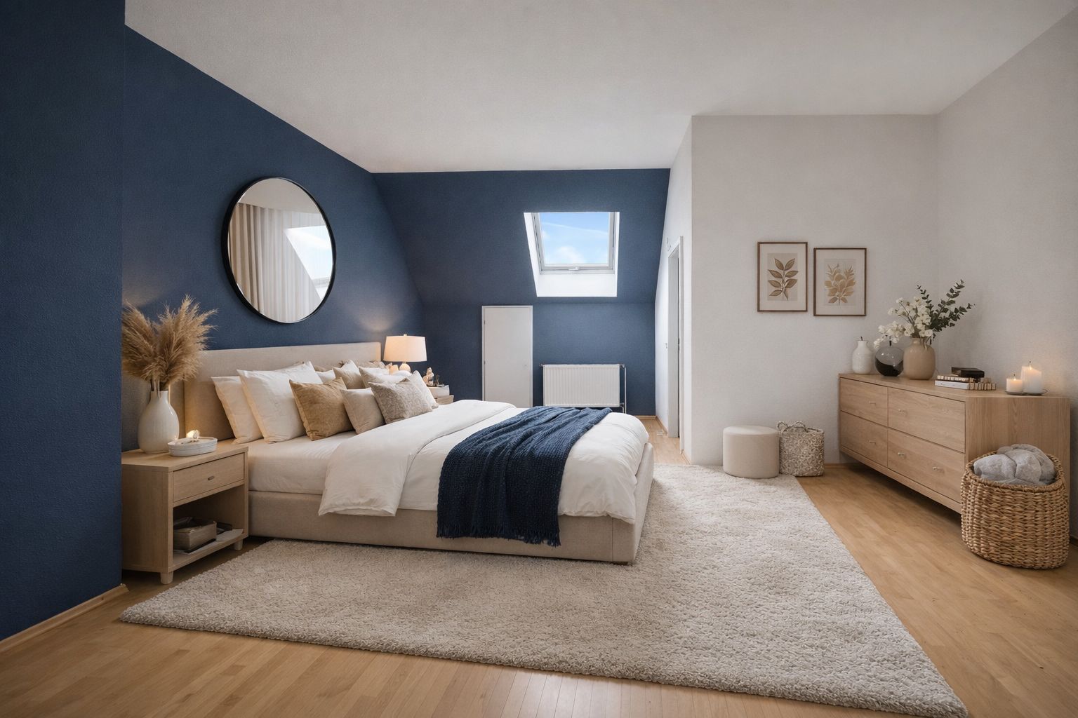Modernes Schlafzimmer mit großem Bett, Teppich, Kommode und Dekoration am Fenster.