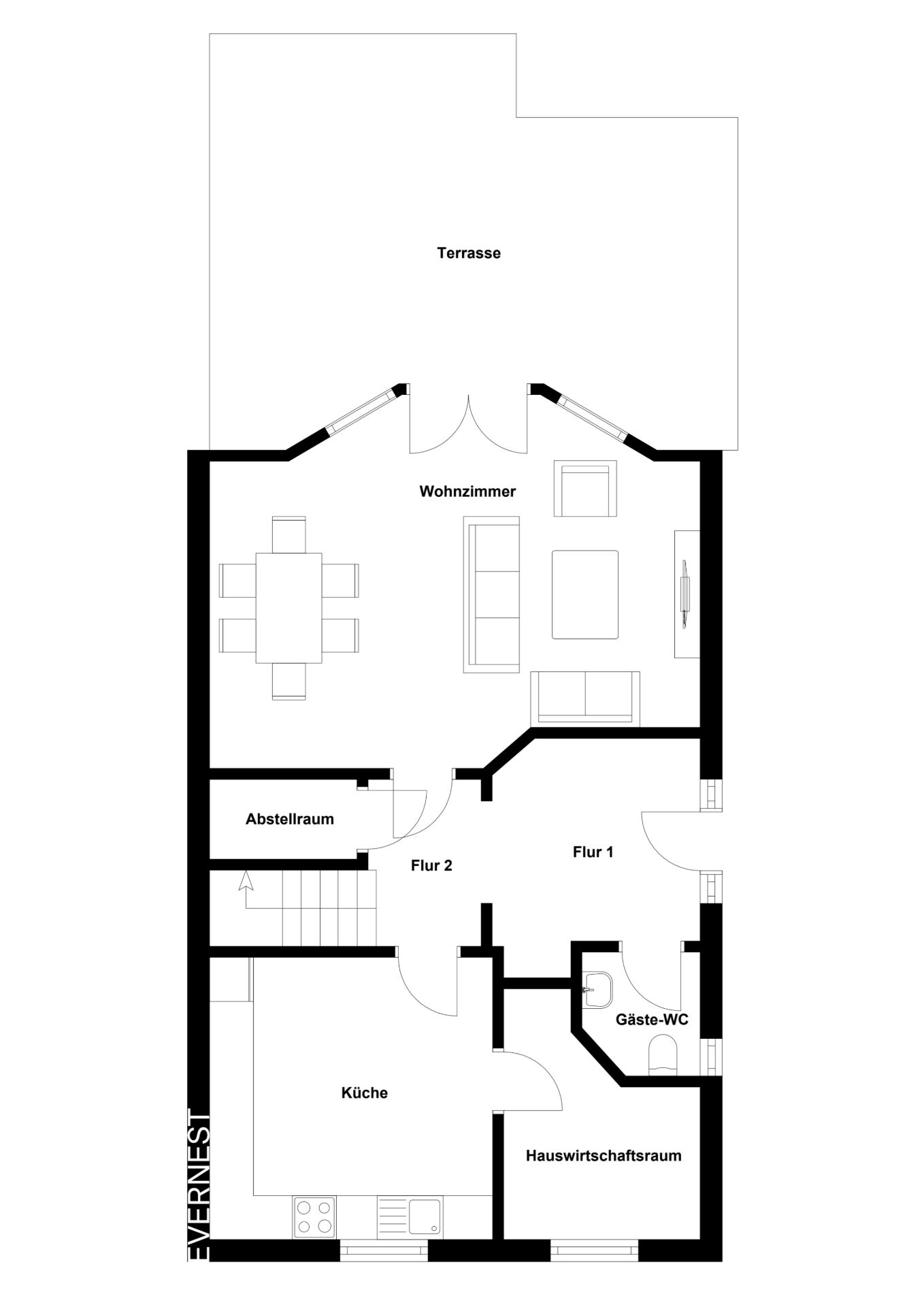 Grundriss mit Küche, Wohnzimmer, Abstellraum, Hauswirtschaftsraum, Gäste-WC und Terrasse.