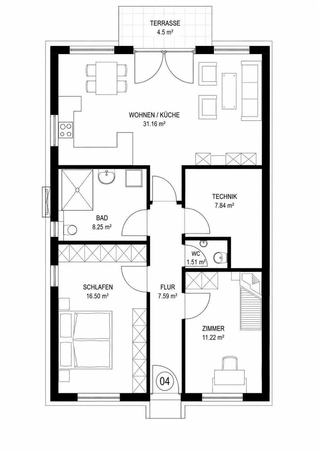 Grundriss einer Wohnung mit Terrasse, Wohnküche, Bad, Schlafzimmer, Flur, WC, Technikraum und Zimmer.