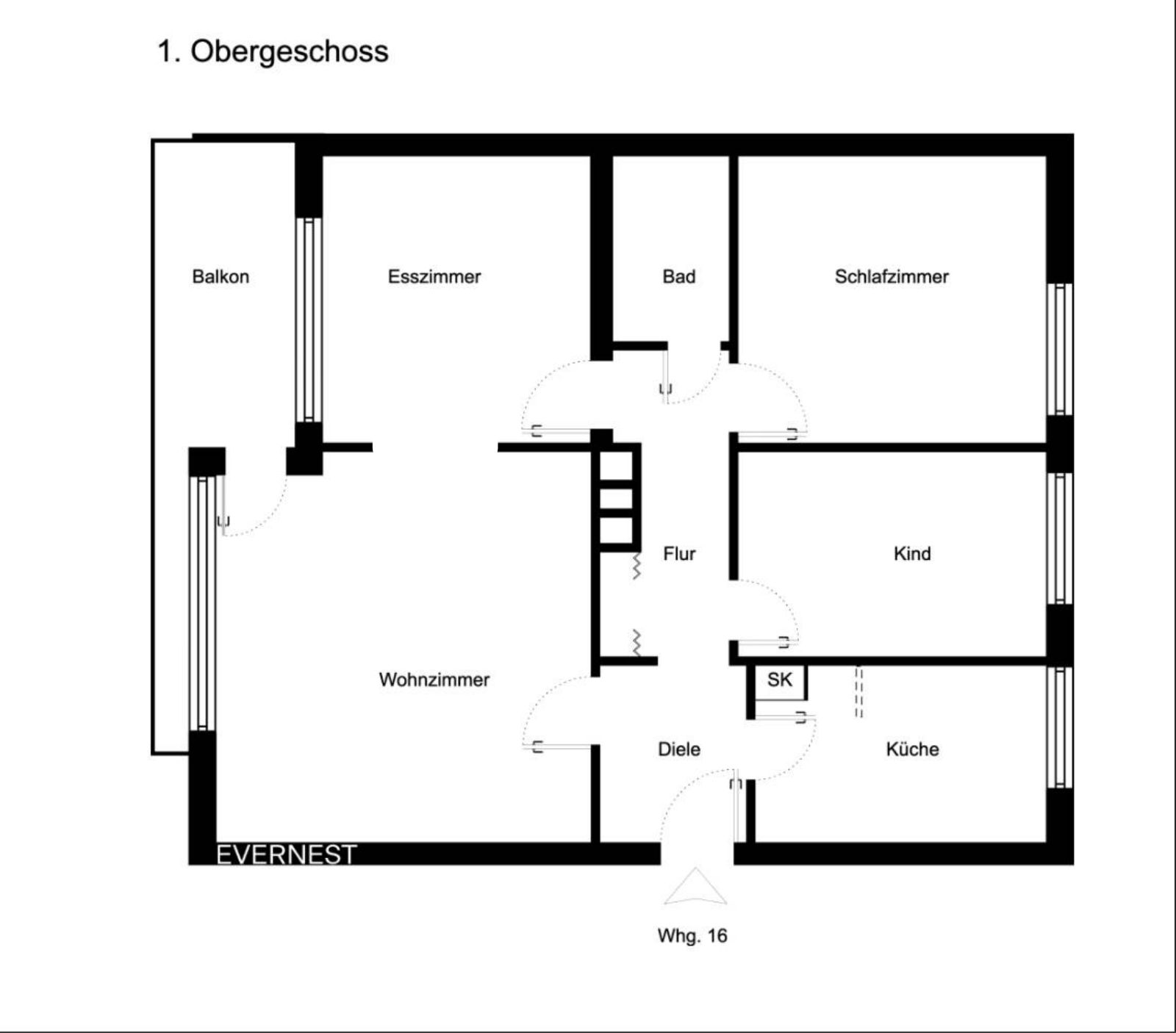 Grundriss einer Wohnung mit Balkon, Wohnzimmer, Esszimmer, Bad, Schlafzimmer, Kinderzimmer und Küche.