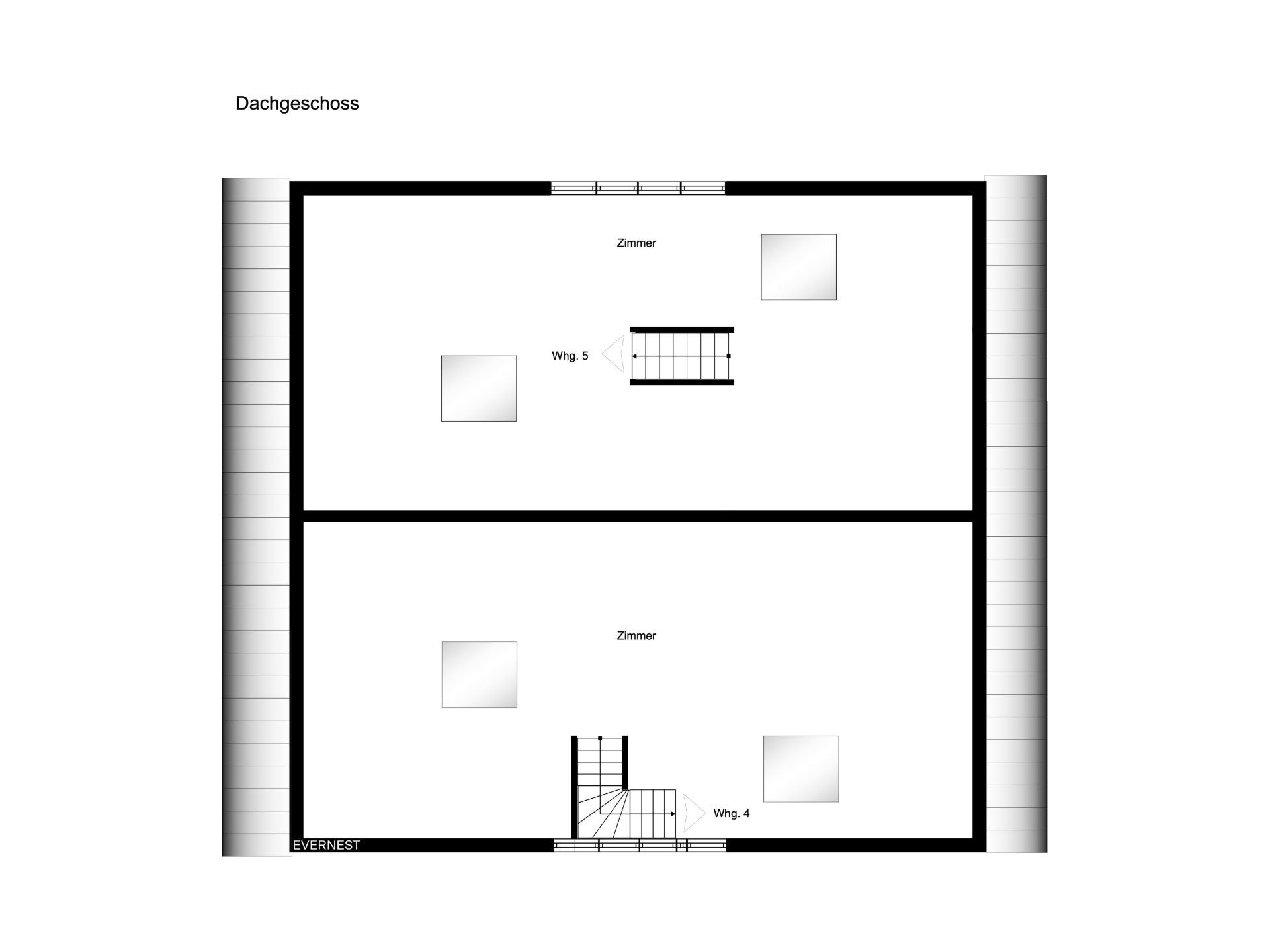 Grundriss des Dachgeschosses mit zwei Zimmern, Treppenhaus in der Mitte.