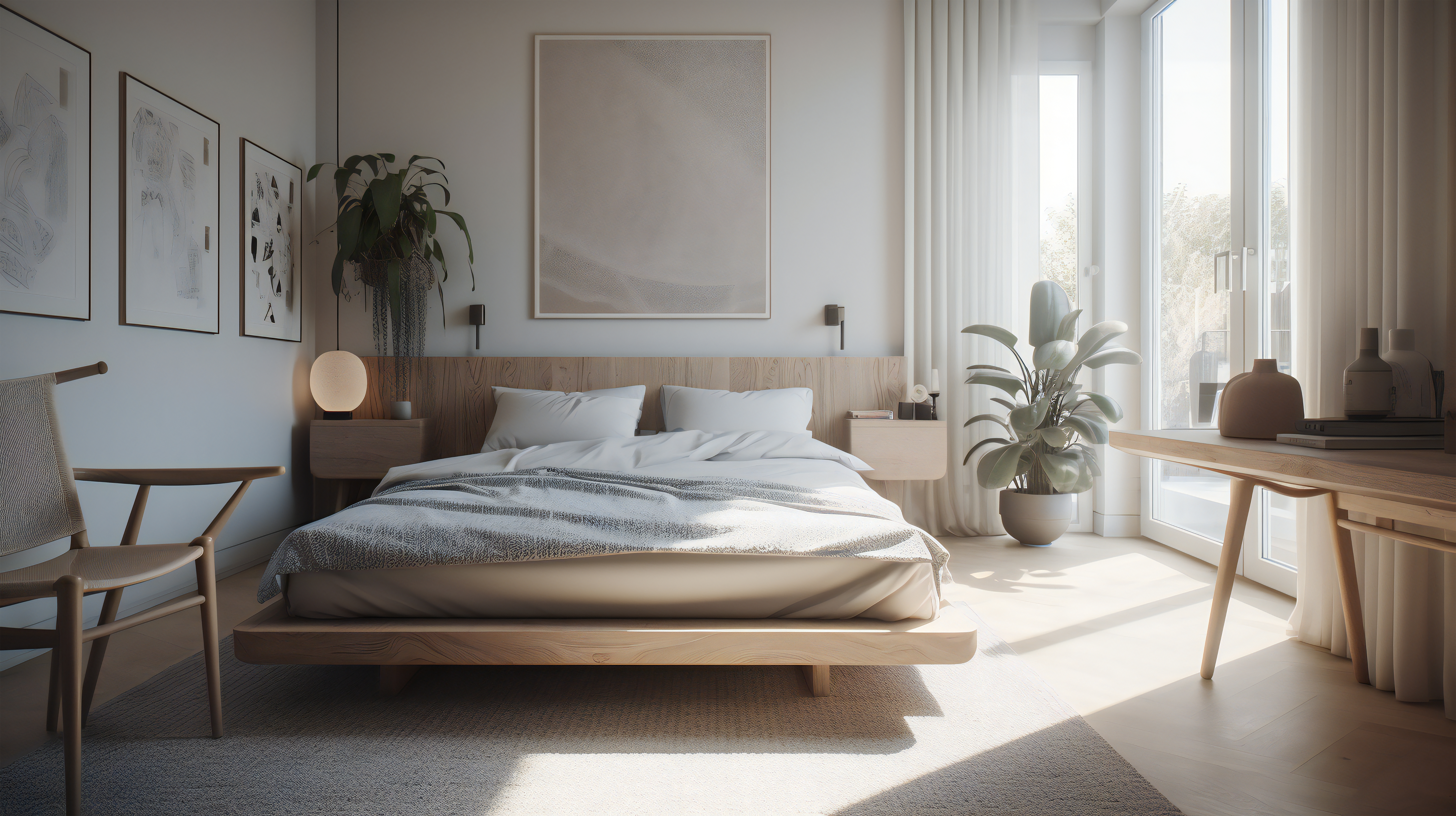 Helles Schlafzimmer mit Doppelbett, Holzstuhl, Pflanzen und großen Fenstern.
