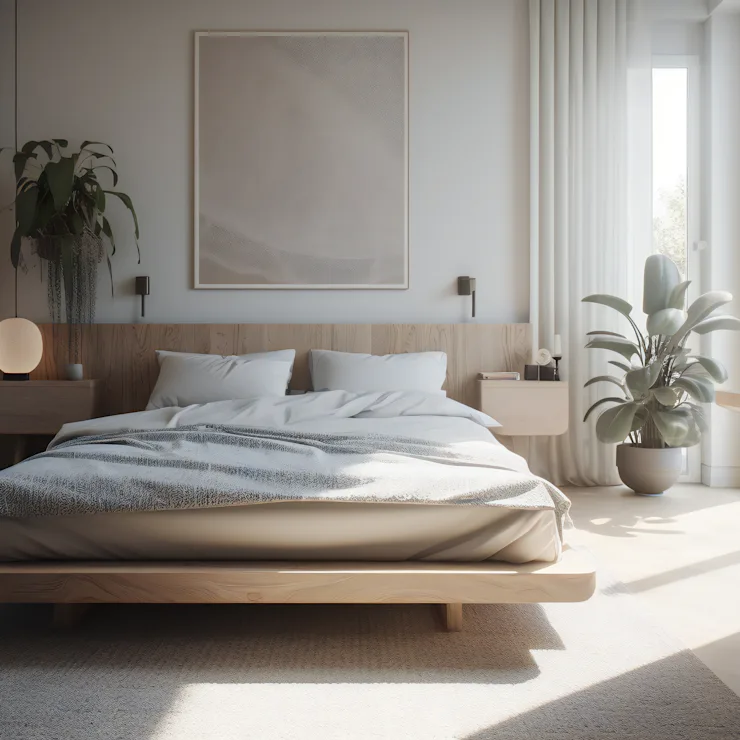 Helles Schlafzimmer mit Doppelbett, Holzstuhl, Pflanzen und großen Fenstern.