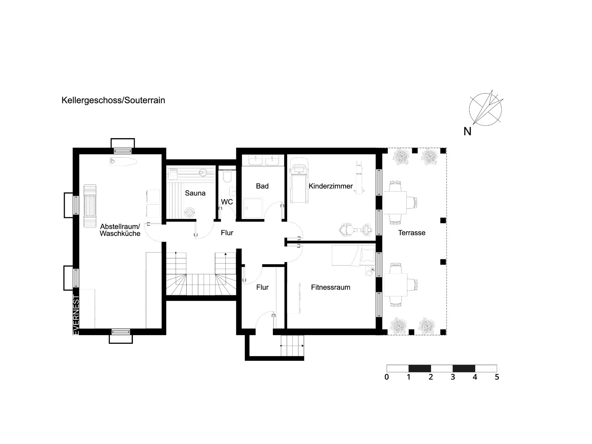 Grundriss eines Souterrains mit Fitnessraum, Kinderzimmer, Sauna, Bad, Waschraum und Terrasse.