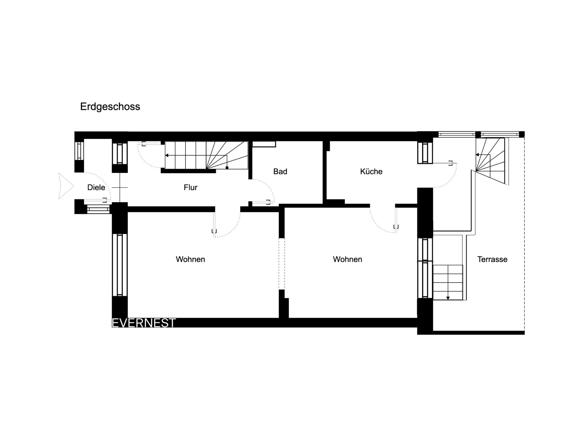 Grundriss des Erdgeschosses mit Diele, Flur, Bad, Küche, zwei Wohnzimmern und Terrasse.