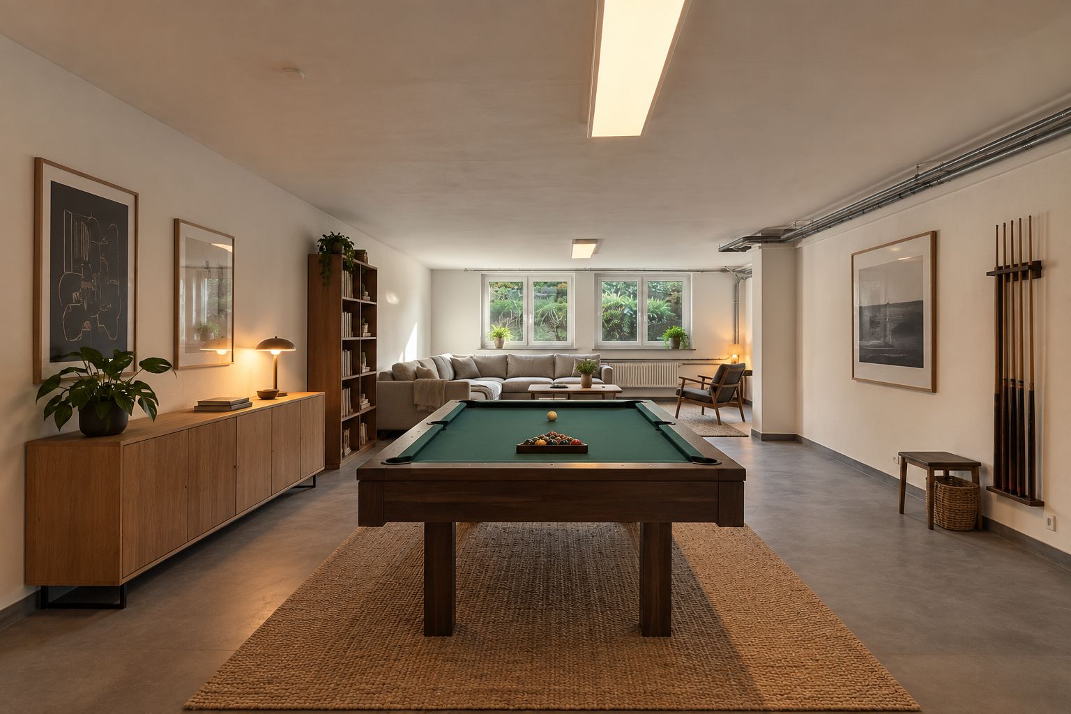 Großer Wohnraum mit Billardtisch, Sofa, Regalen und großen Fenstern.