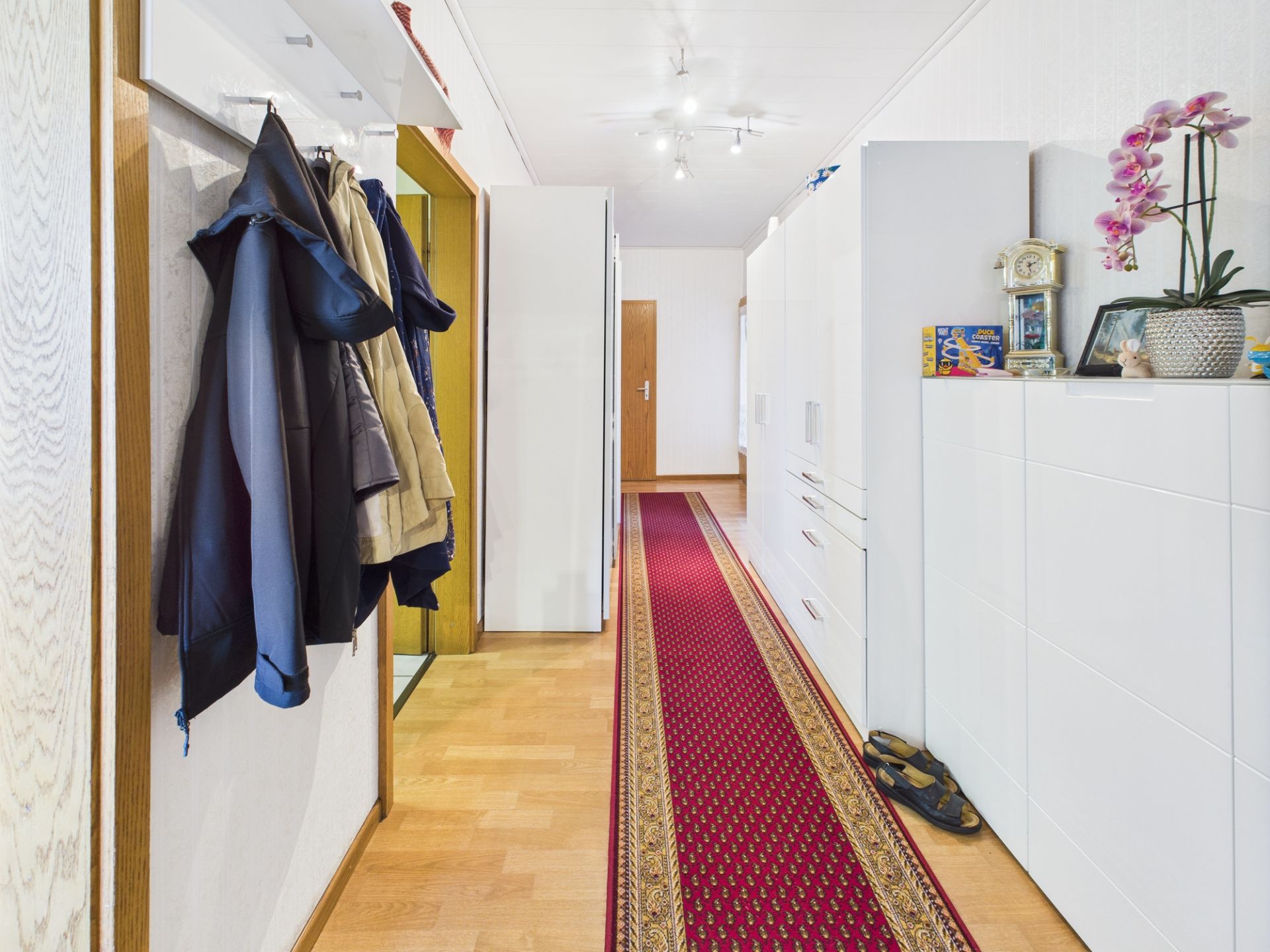 Heller Flur mit Garderobe, rotem Läuferteppich und weißen Schränken, auf einem Schrank steht eine Orchidee.