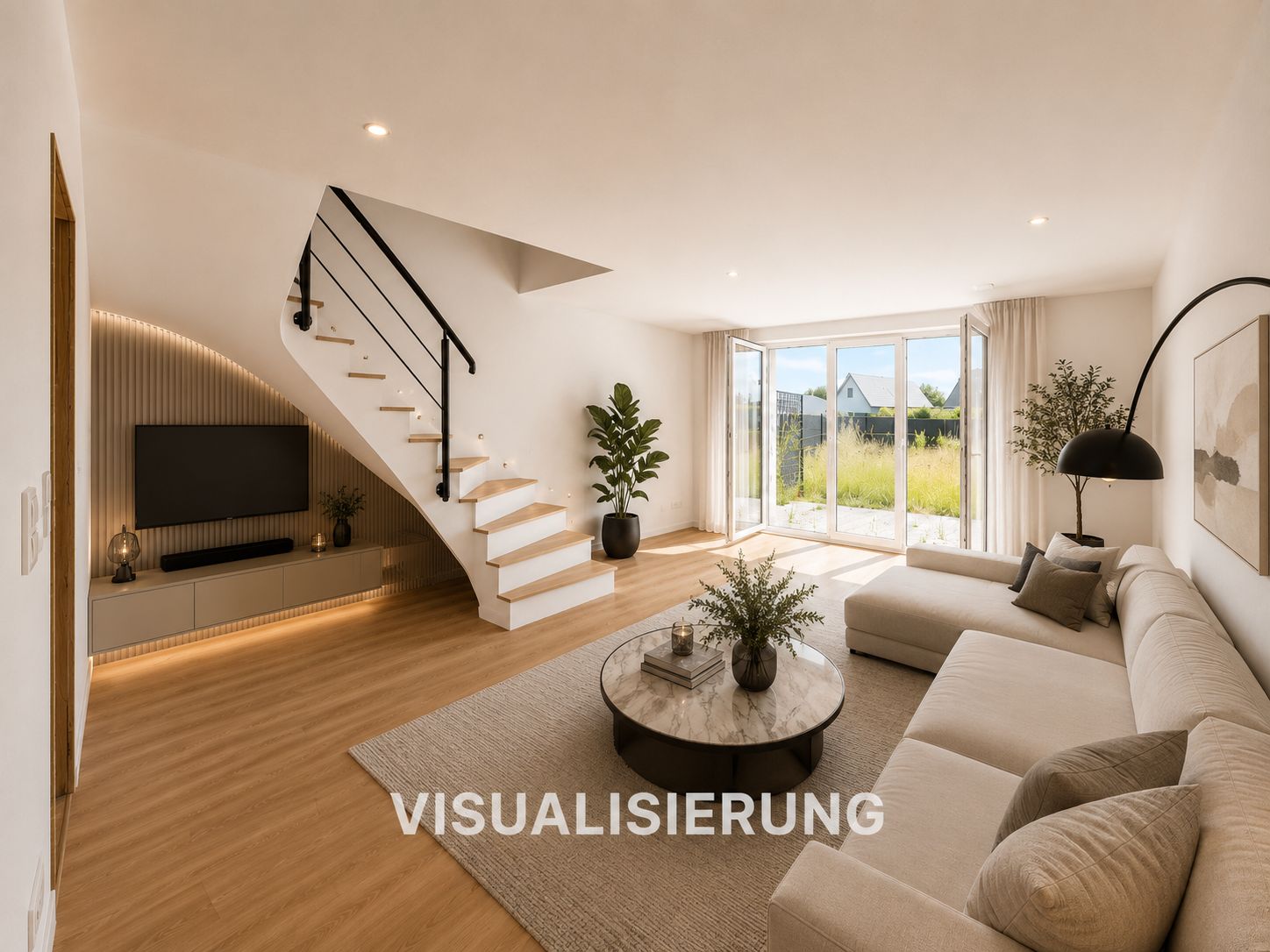 Modernes Wohnzimmer mit Ecksofa, Couchtisch, TV und Treppe, große Fenster zum Garten.