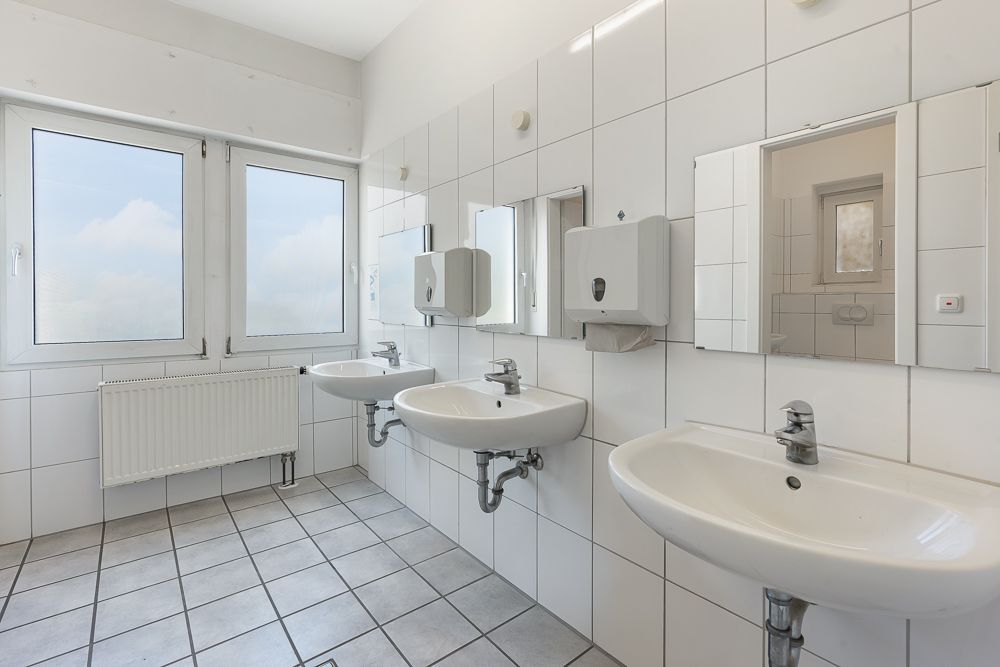 Heller Waschraum mit drei Waschbecken, Spiegeln und zwei Fenstern.