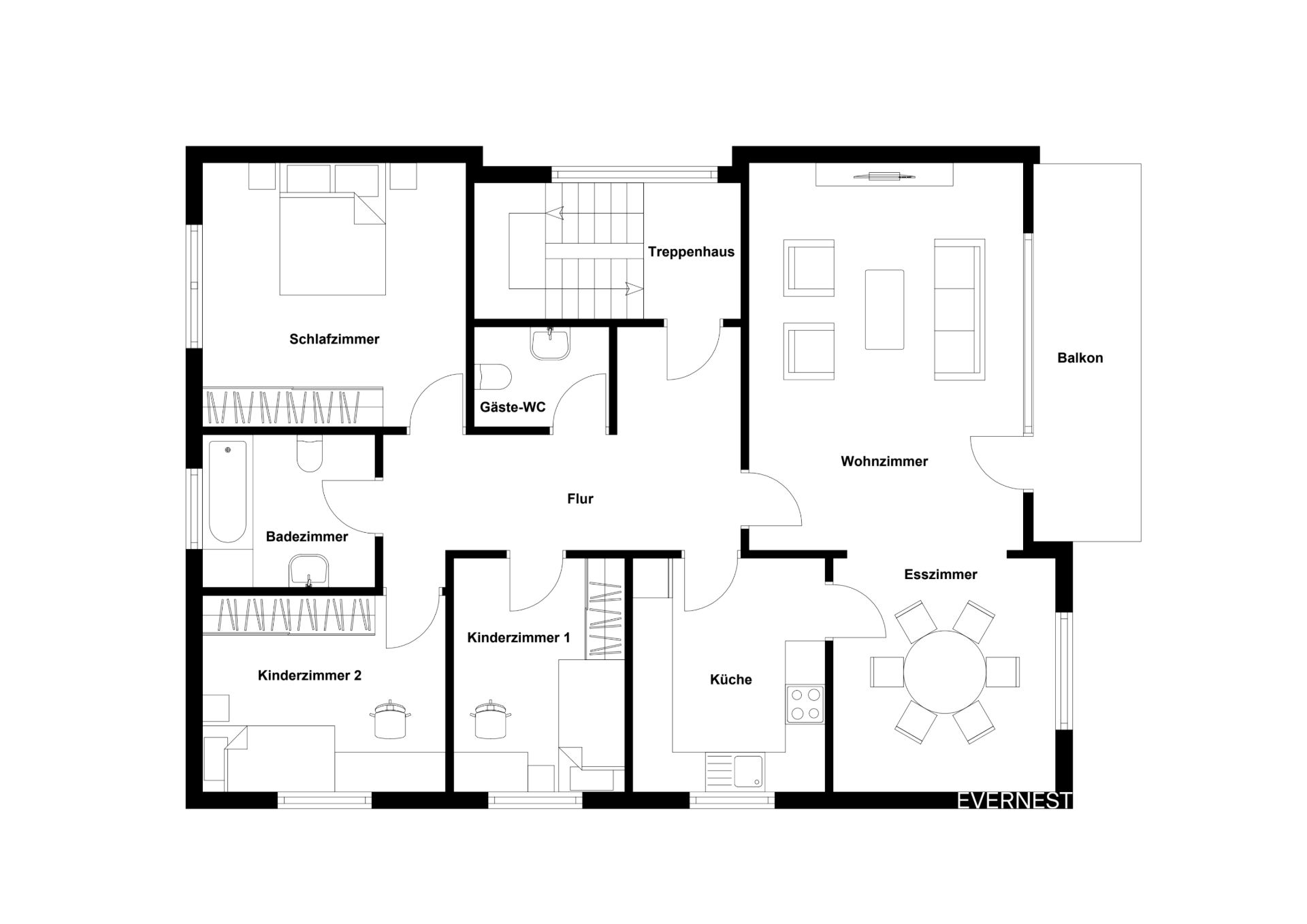 Grundriss einer Wohnung mit Schlafzimmer, Wohnzimmer, Küche, Bad, WC, Balkon und drei weiteren Zimmern.