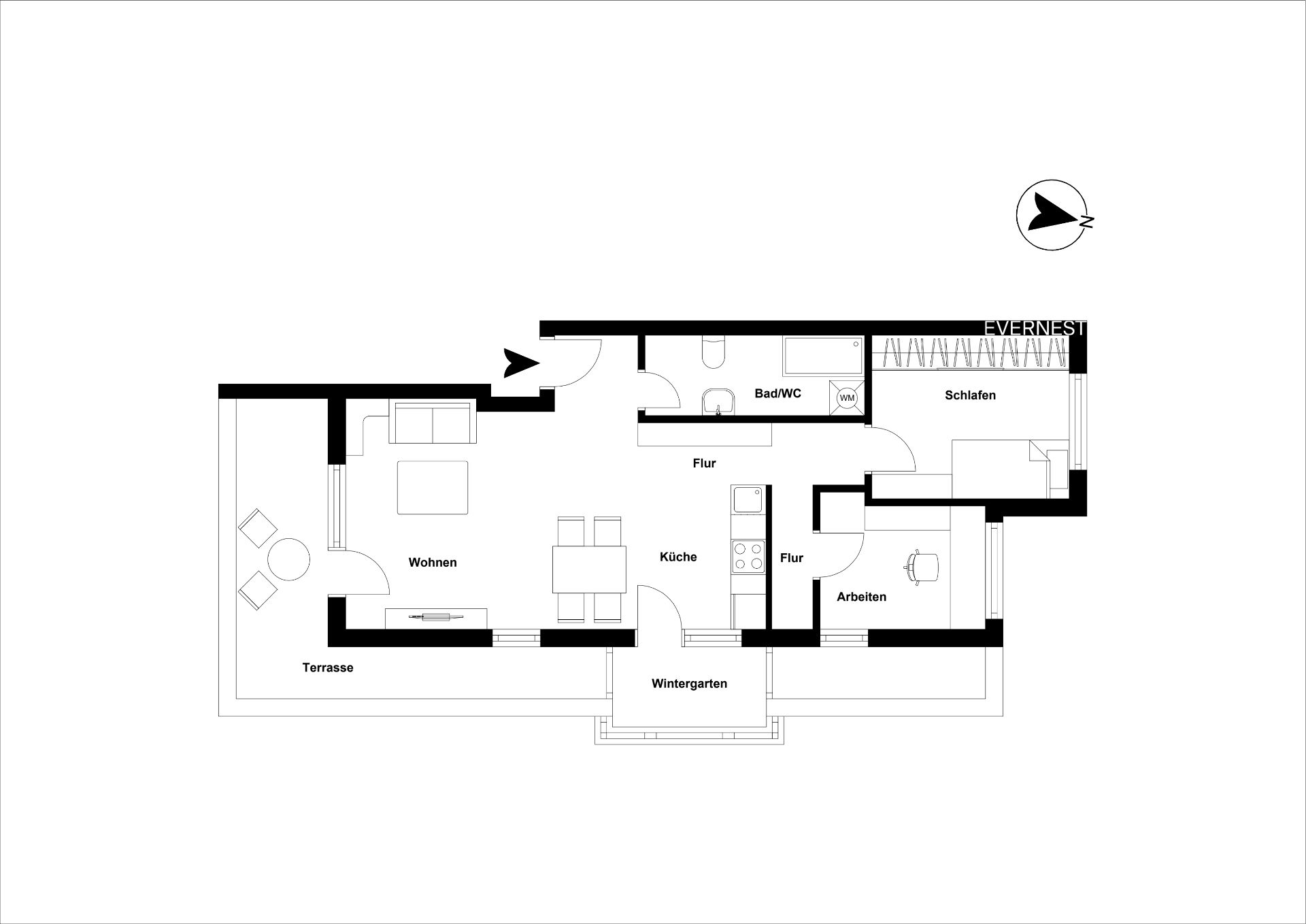 Grundriss einer Wohnung mit Wohnzimmer, Schlafzimmer, Küche, Bad, Arbeitszimmer und Terrasse.