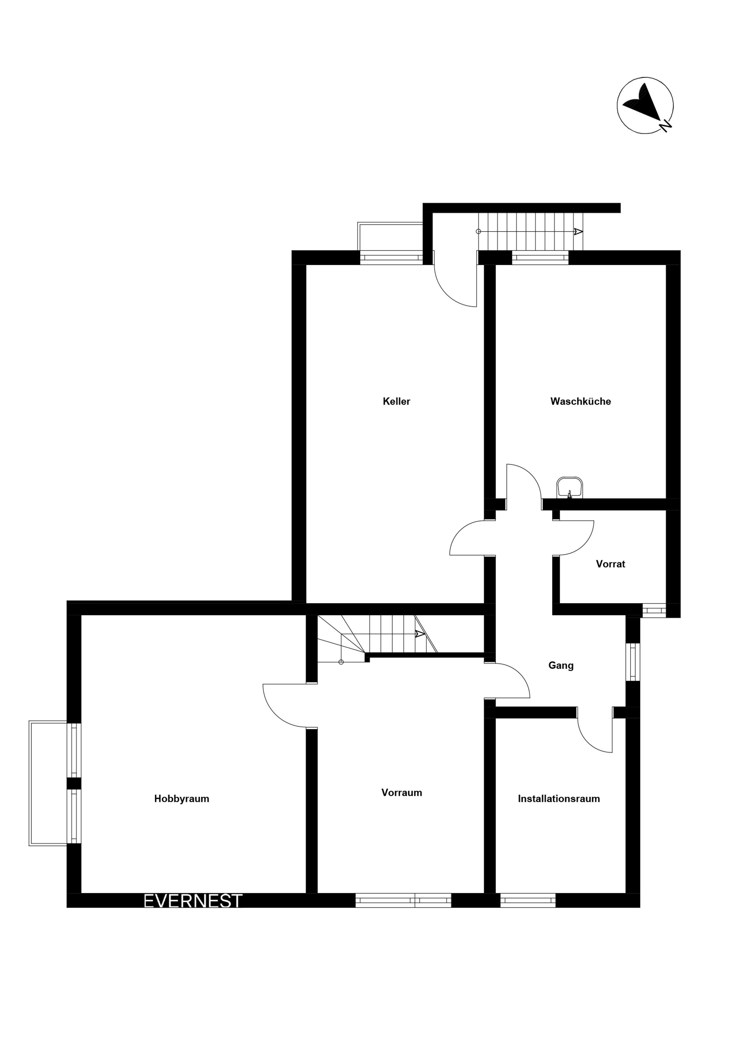 Grundriss mit Keller, Waschküche, Vorrat, Hobbyraum, Vorraum, Gang und Installationsraum.