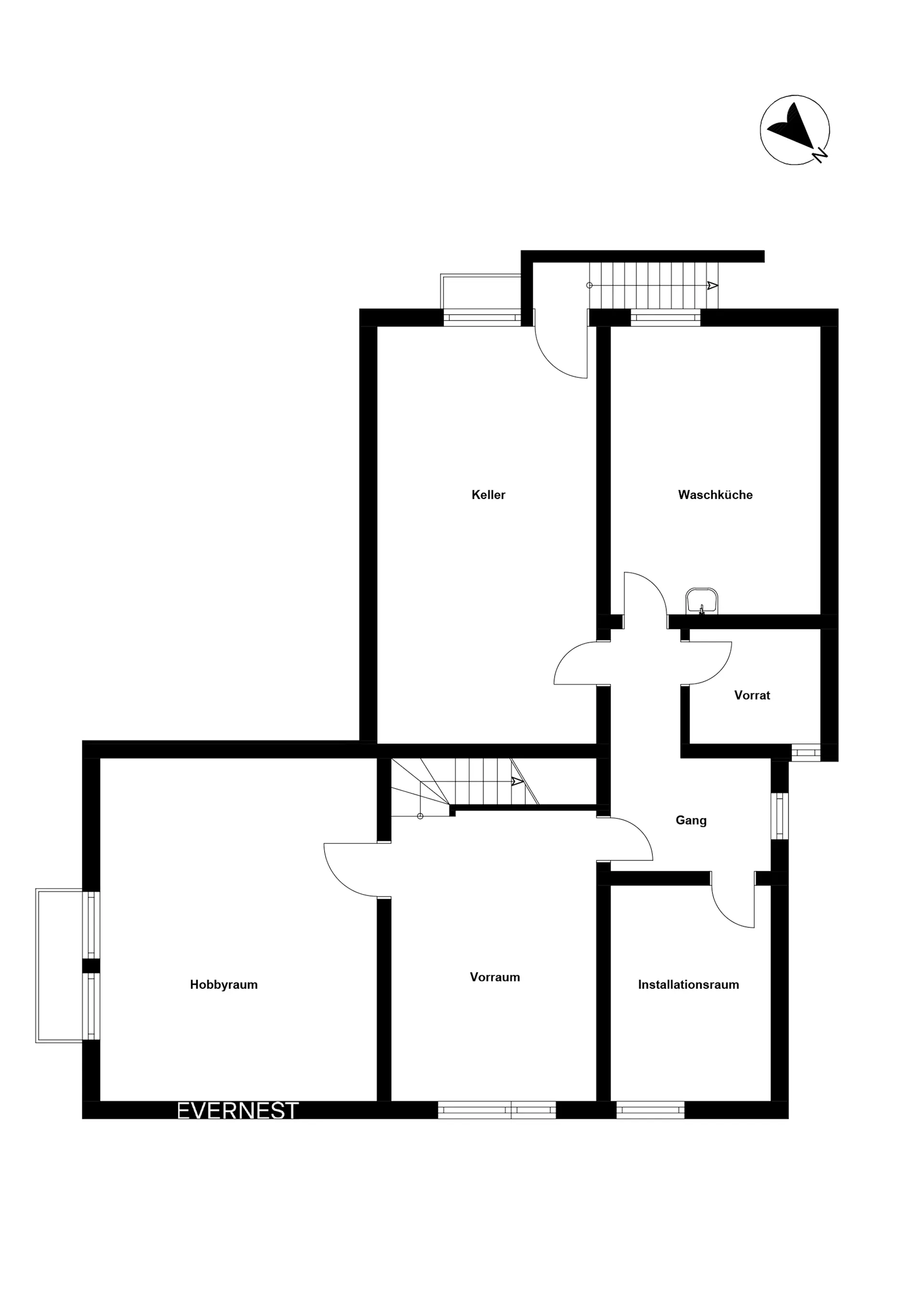 Grundriss mit Keller, Waschküche, Vorrat, Hobbyraum, Vorraum, Gang und Installationsraum.