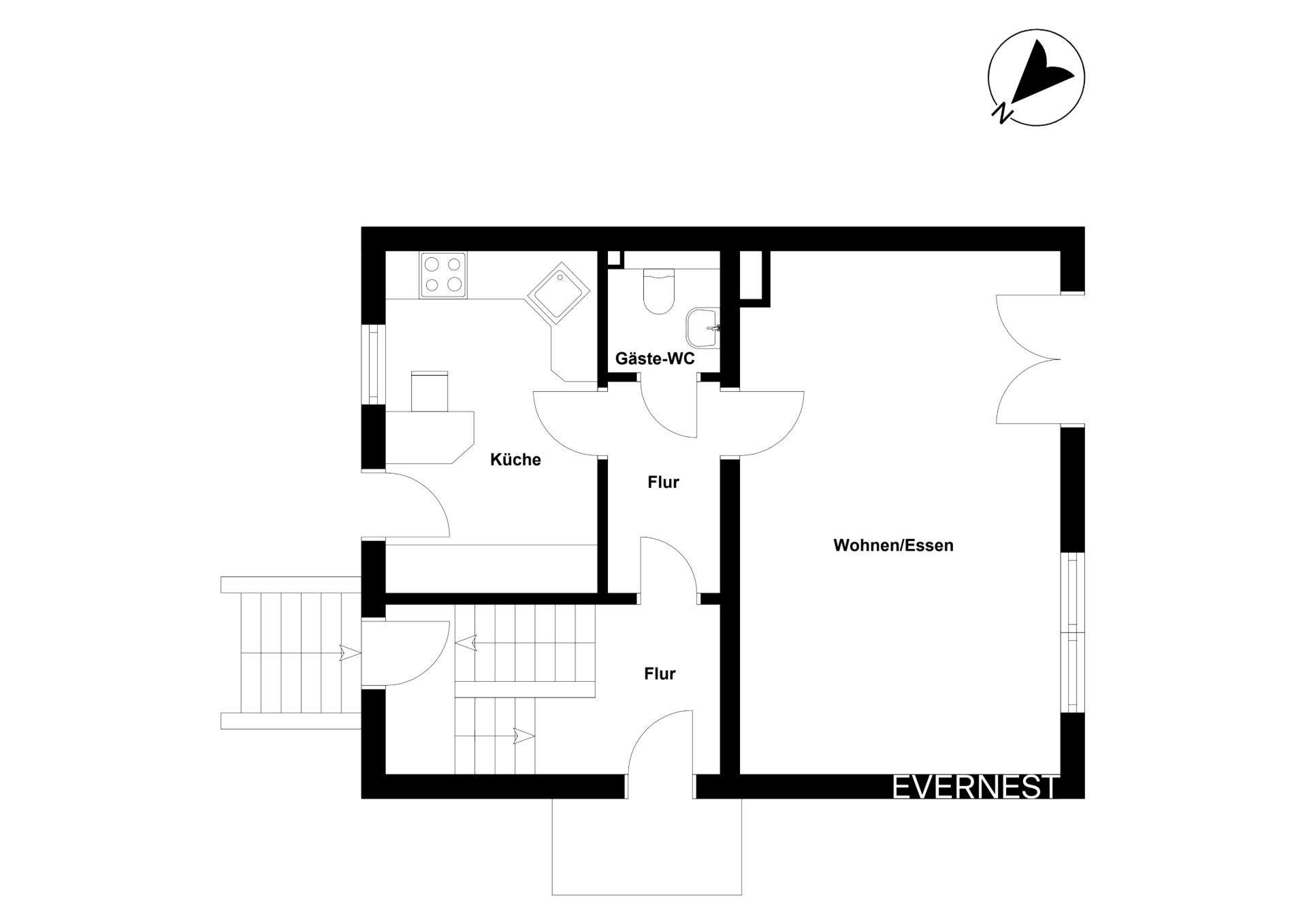 Grundriss mit Küche, Gäste-WC, Flur und großem Wohn-/Esszimmer.