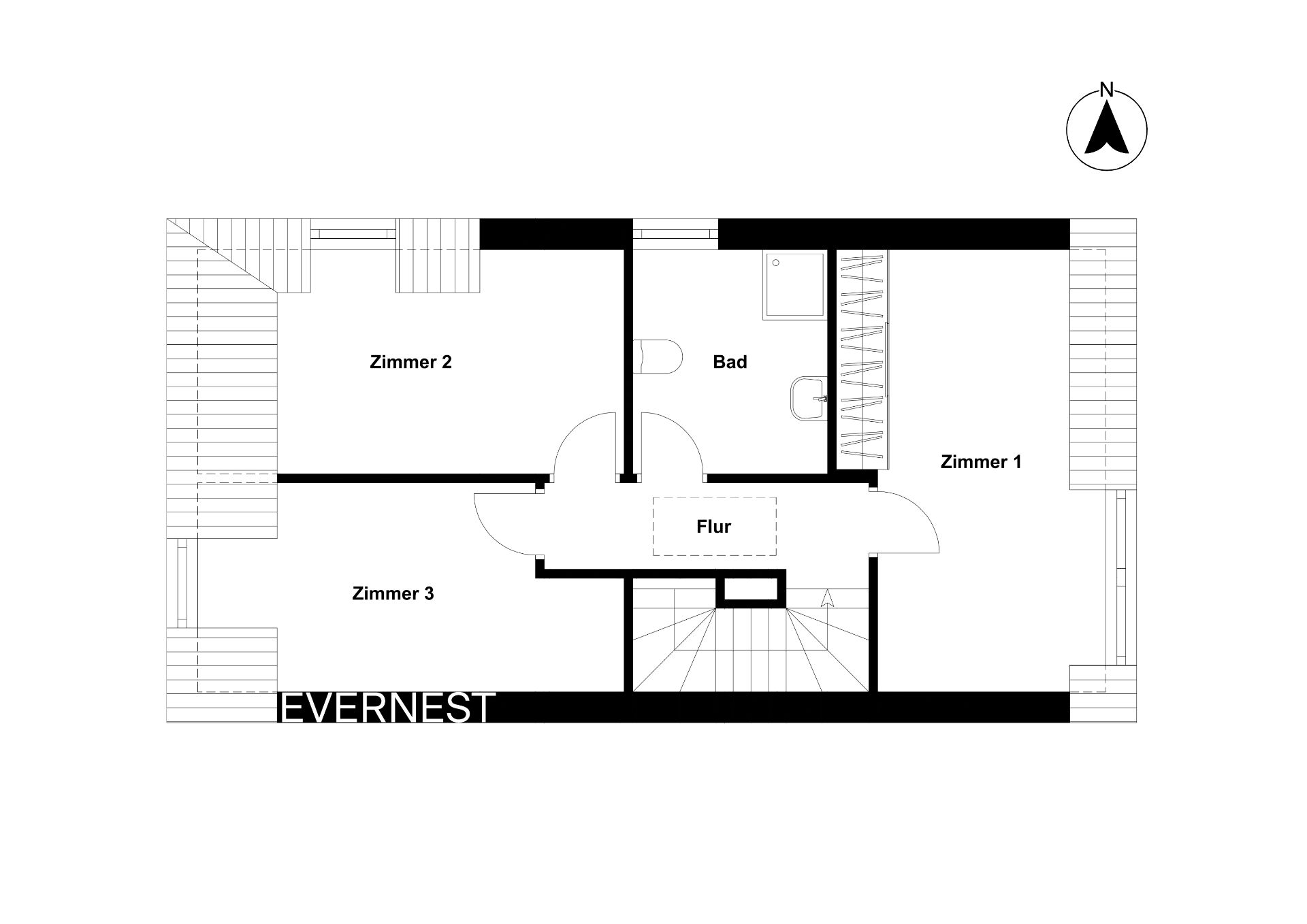Grundriss mit drei Zimmern, Bad und Flur, Treppe unten mittig.