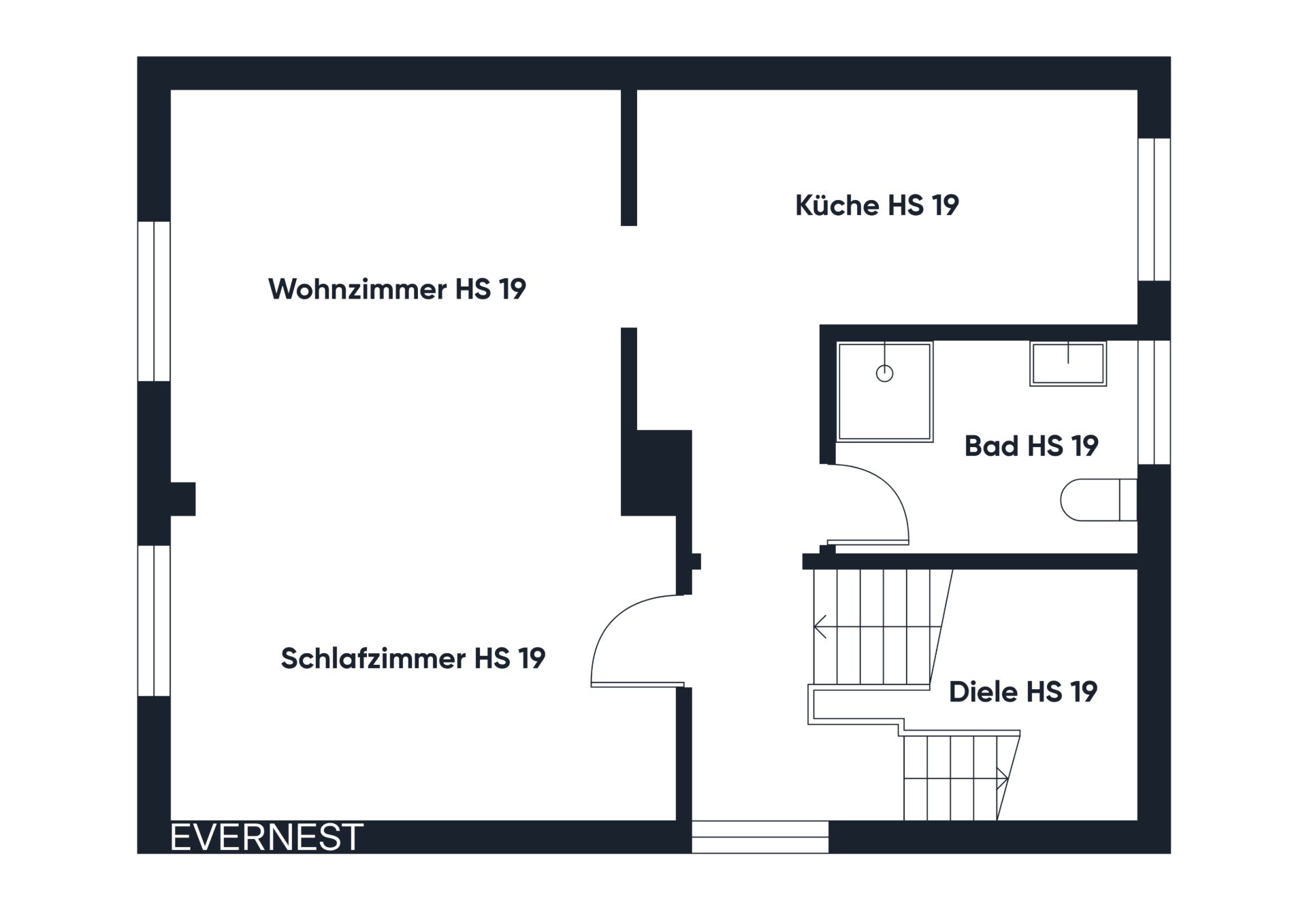 Grundriss mit Wohnzimmer, Schlafzimmer, Küche, Bad und Diele.