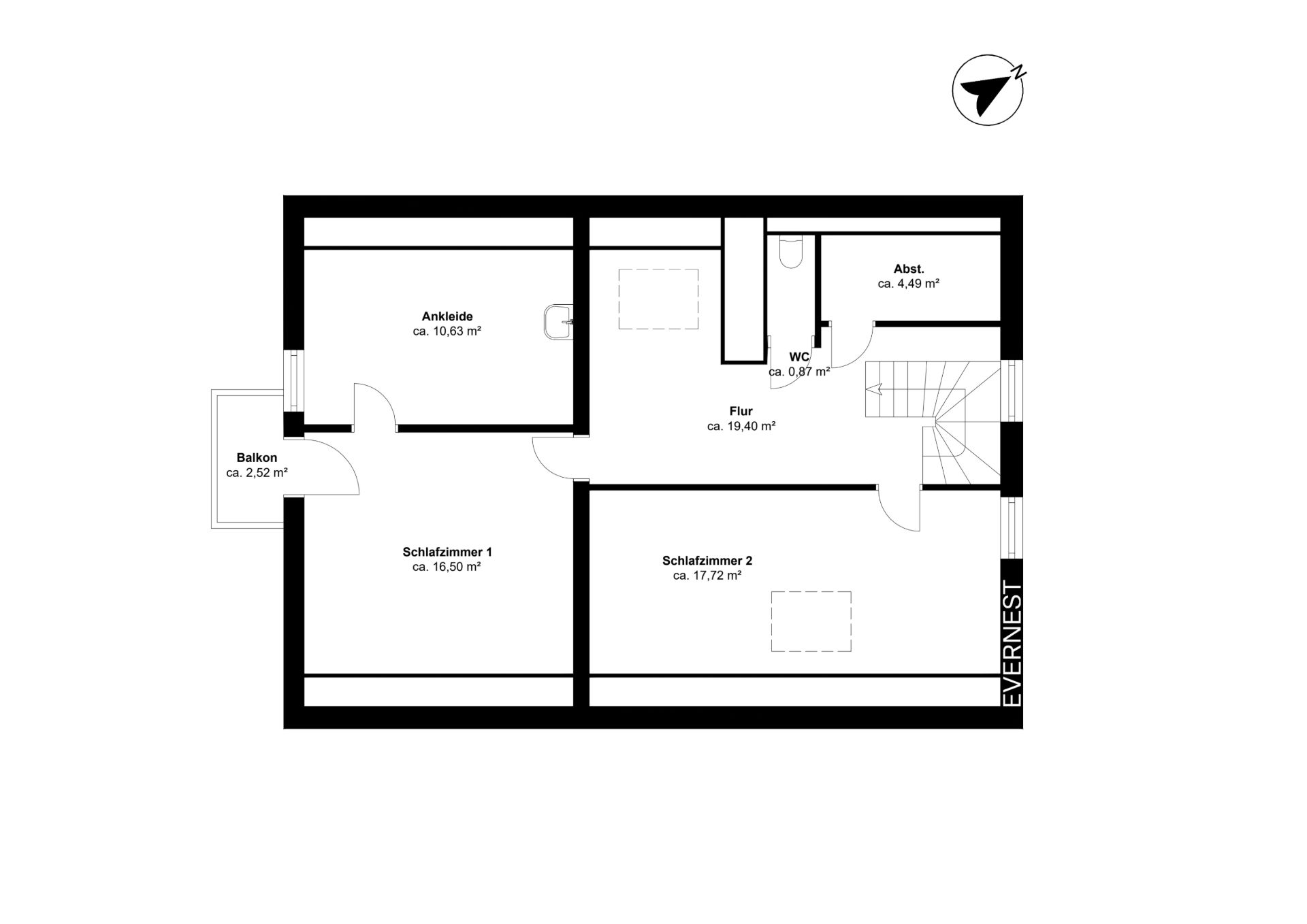 Grundriss mit zwei Schlafzimmern, Ankleide, Balkon, Flur, WC und Abstellraum.