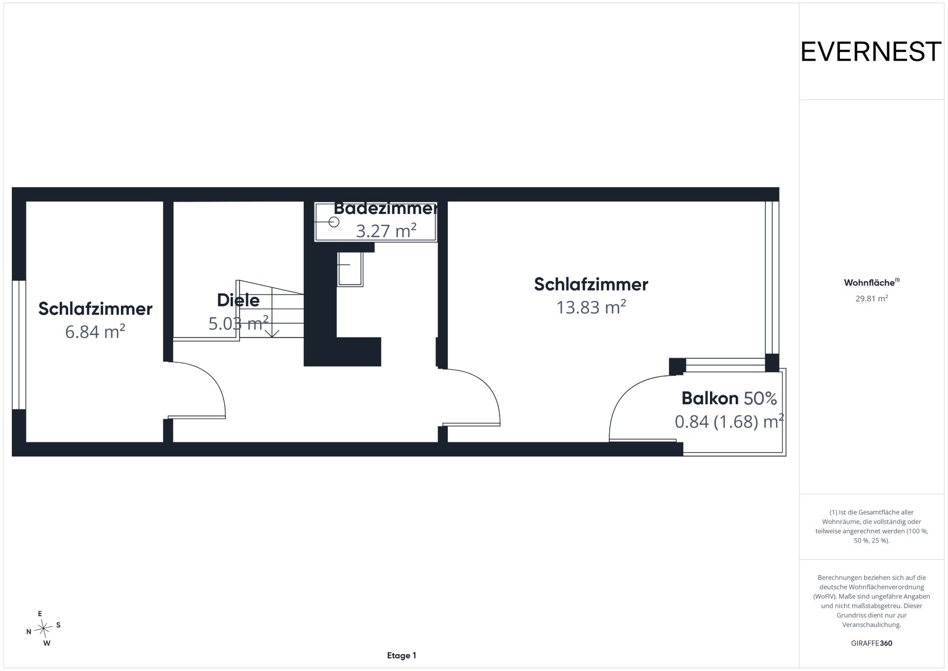 Grundriss mit zwei Schlafzimmern, einem Badezimmer, Diele und einem Balkon.