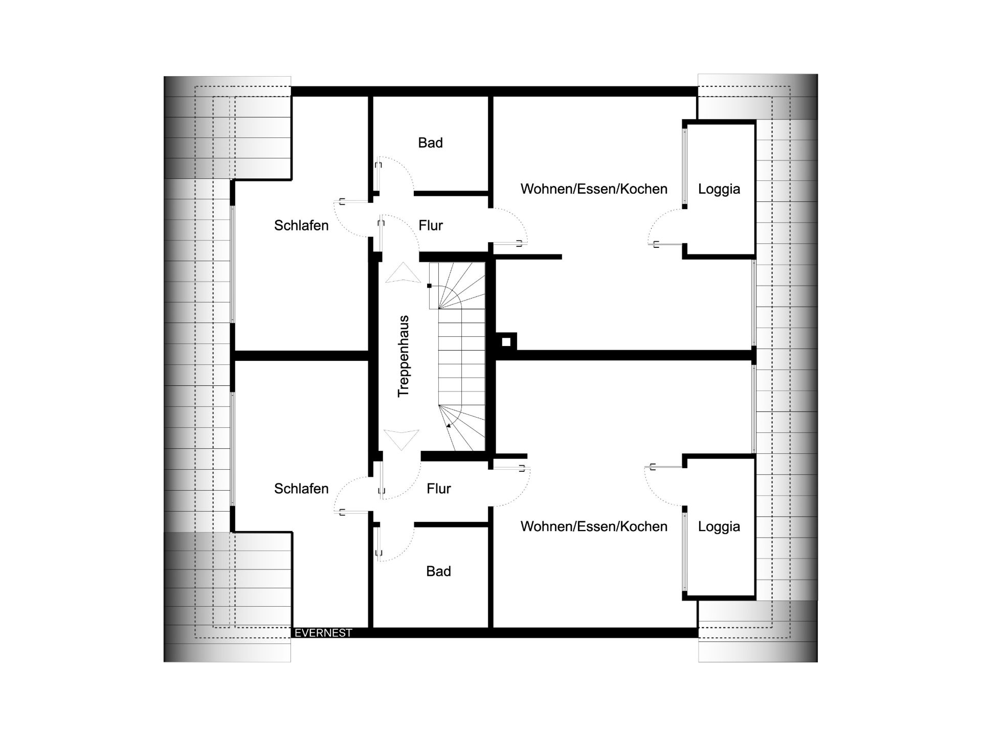 Grundriss mit zwei Wohnungen, jeweils mit Schlafzimmer, Bad, Wohnbereich mit Küche und Loggia.