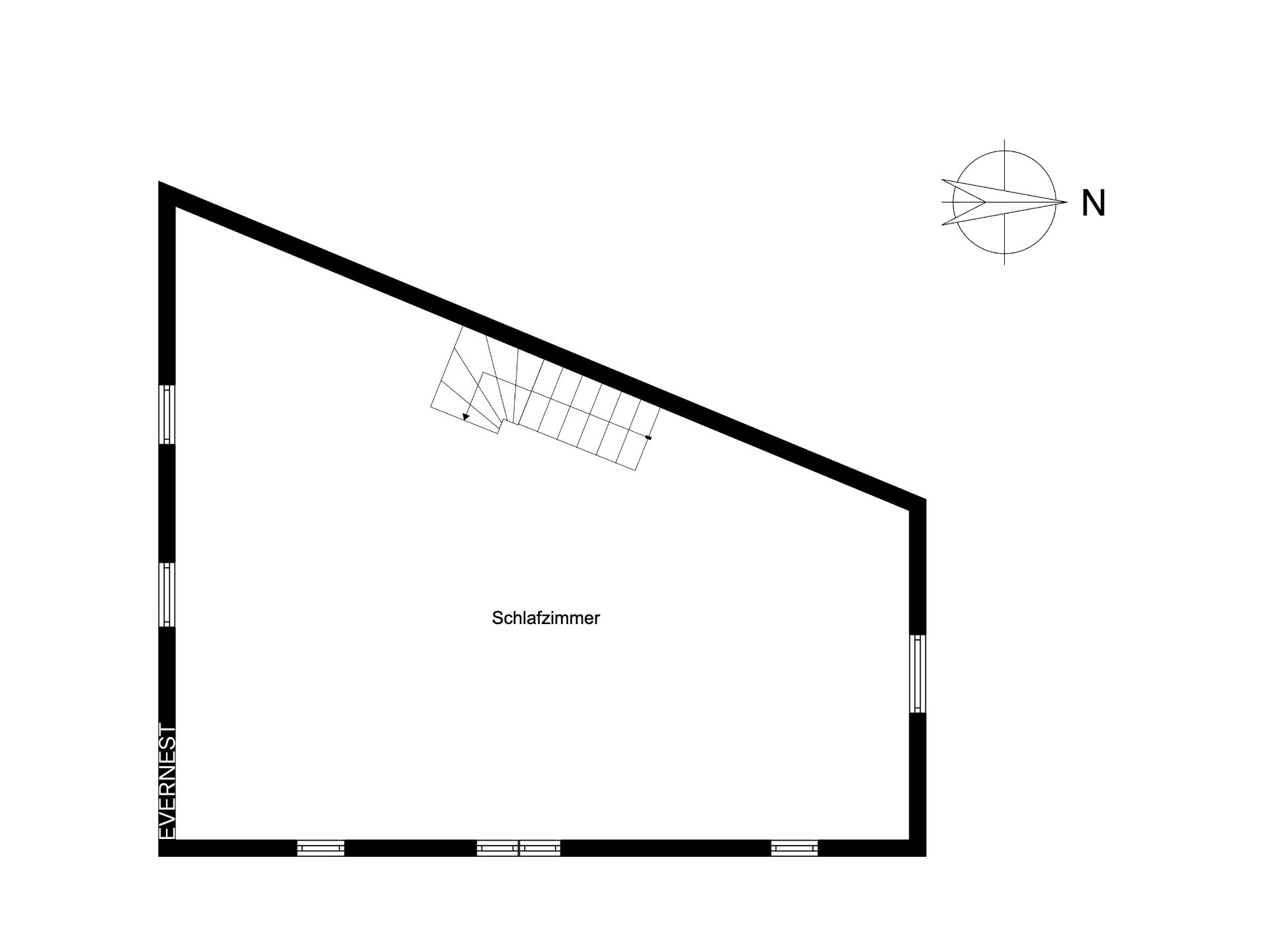 Grundriss eines Schlafzimmers mit Treppe und Fenstern, unregelmäßige Raumform.