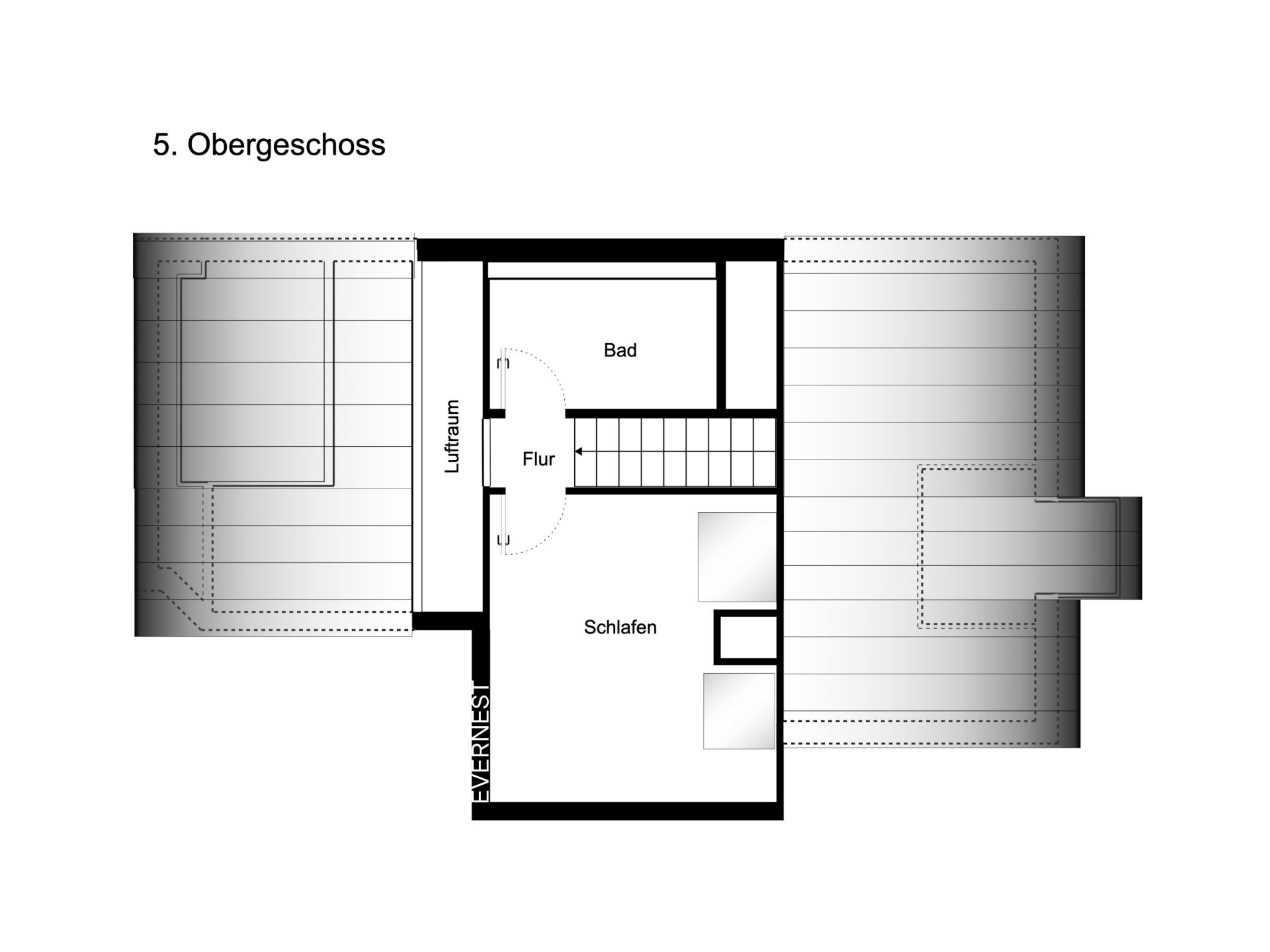 Grundriss des 5. Obergeschosses mit Bad, Flur, Schlafraum und Luftraum.