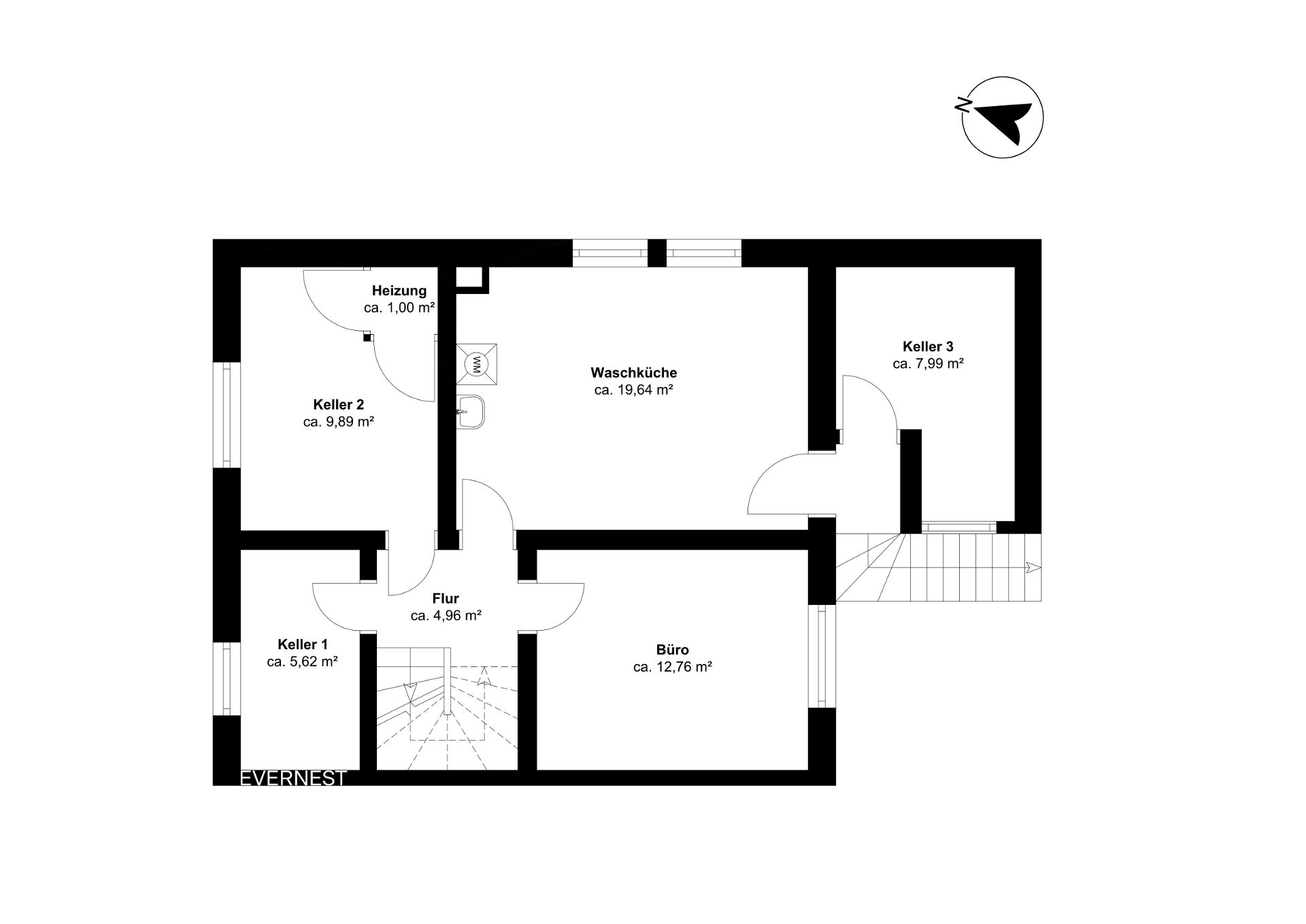 Grundriss eines Kellers mit Waschküche, Büro, Flur, Heizraum und drei Kellerräumen.