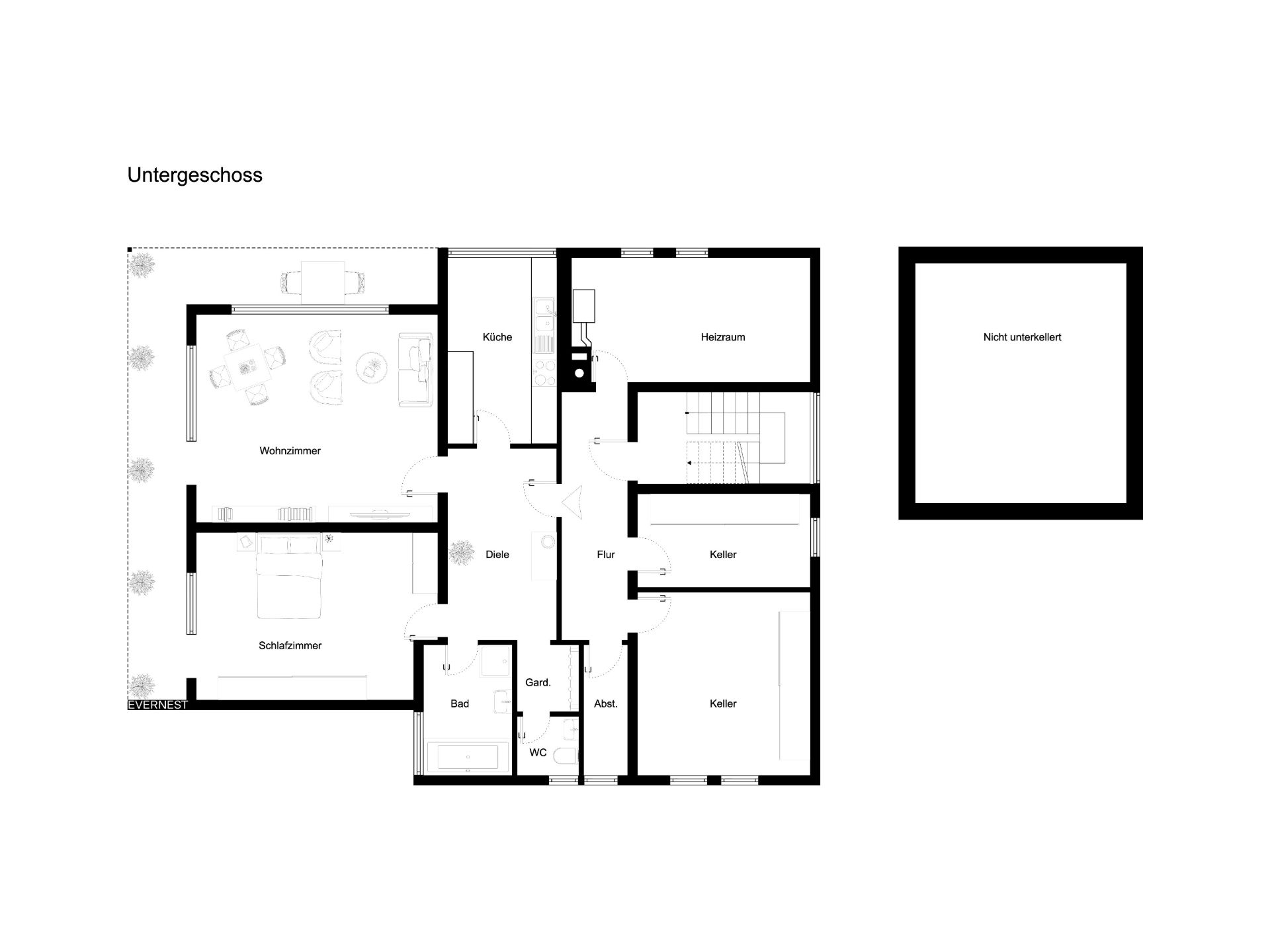 Grundriss eines Untergeschosses mit Wohnzimmer, Schlafzimmer, Küche, Bad, Keller und Heizraum.