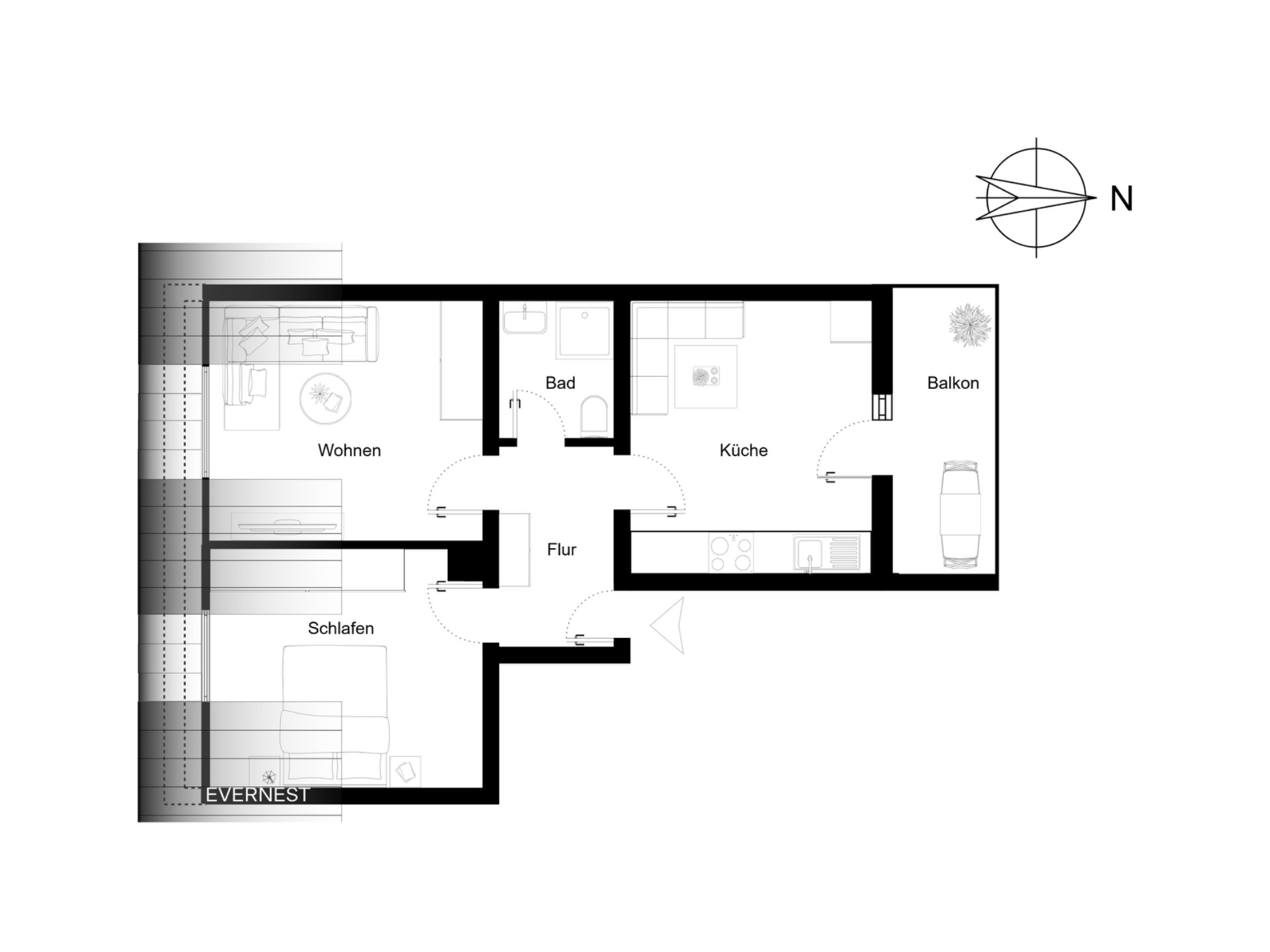 Grundriss einer Wohnung mit Wohnzimmer, Schlafzimmer, Bad, Küche, Flur und Balkon.