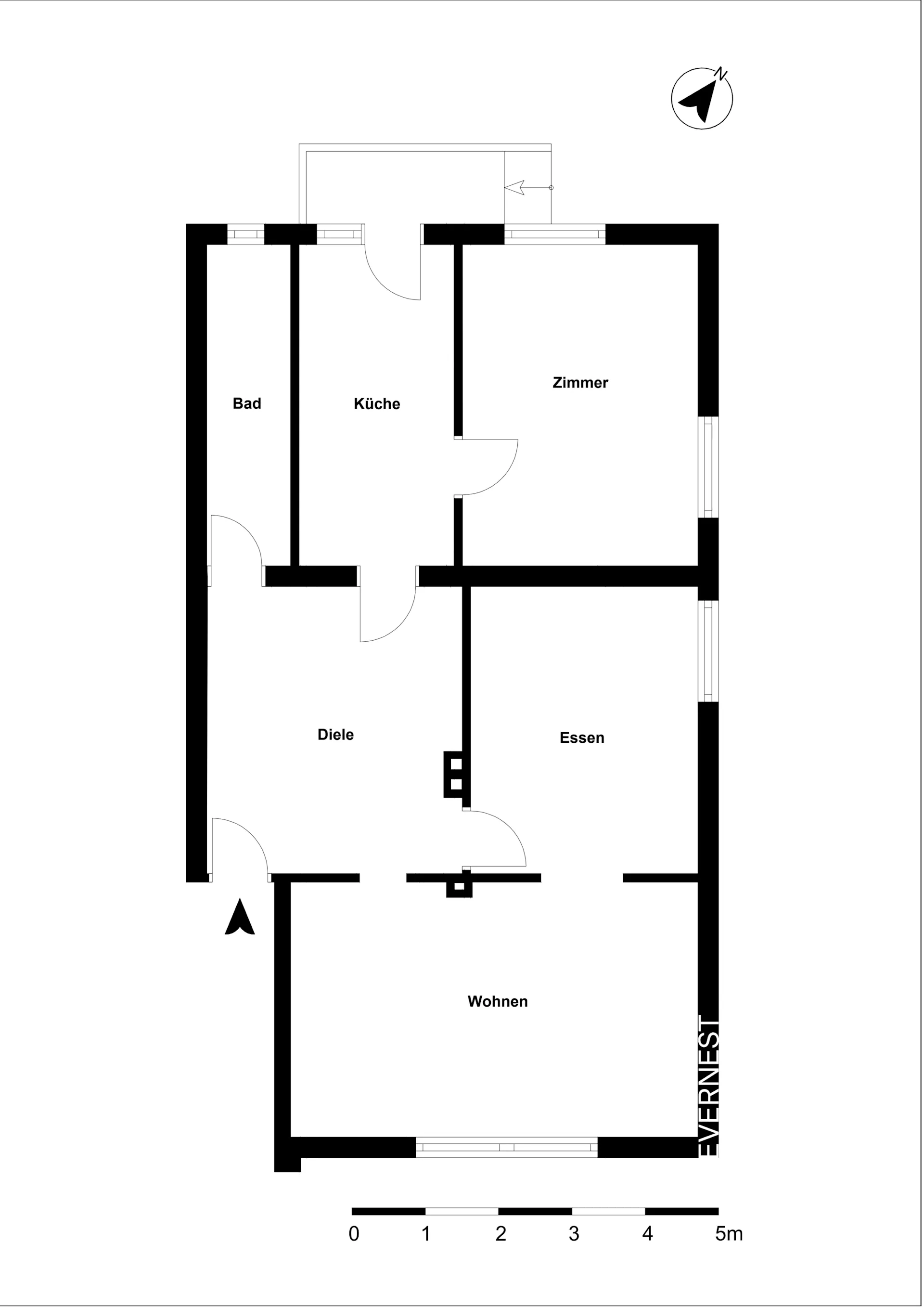 Grundriss einer Wohnung mit Bad, Küche, Zimmer, Diele, Essen und Wohnen.