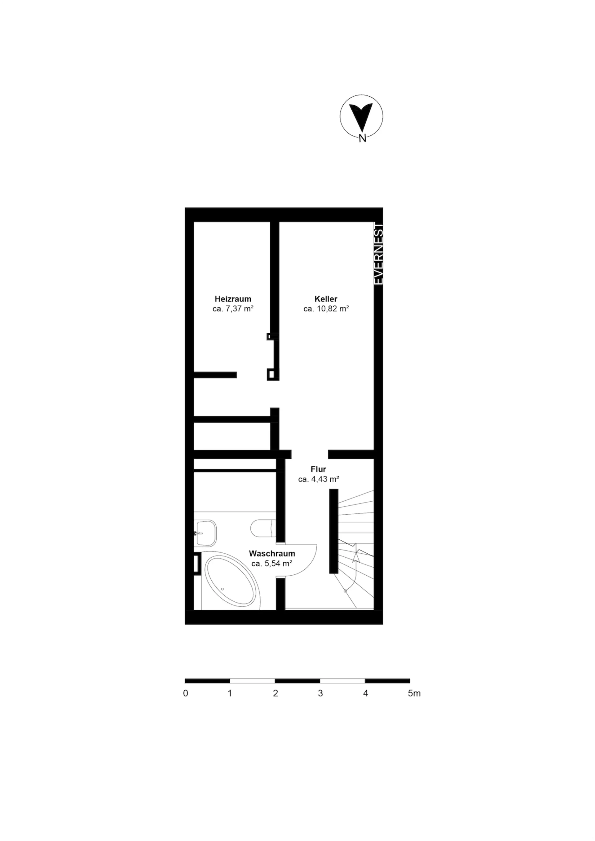 Grundriss mit Heizraum, Keller, Waschraum und Flur, Flächenangaben in Quadratmetern.