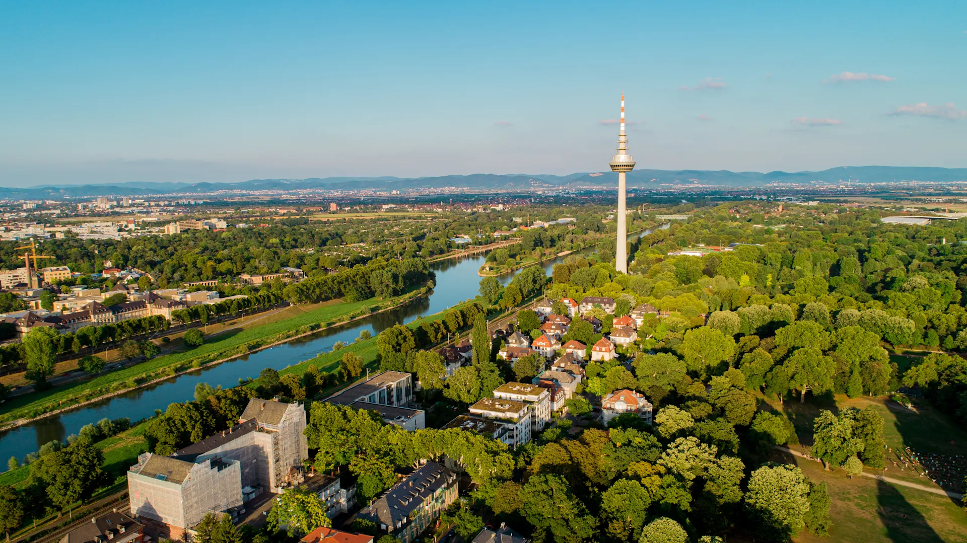 Luftaufnahme von Wohnhäusern, viel Grün, einem Fluss und einem Fernsehturm im Hintergrund.