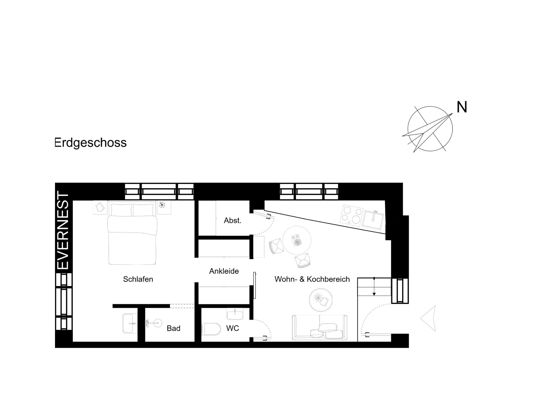 Grundriss einer Wohnung im Erdgeschoss mit Schlaf-, Wohn-, Kochbereich, Bad und WC.