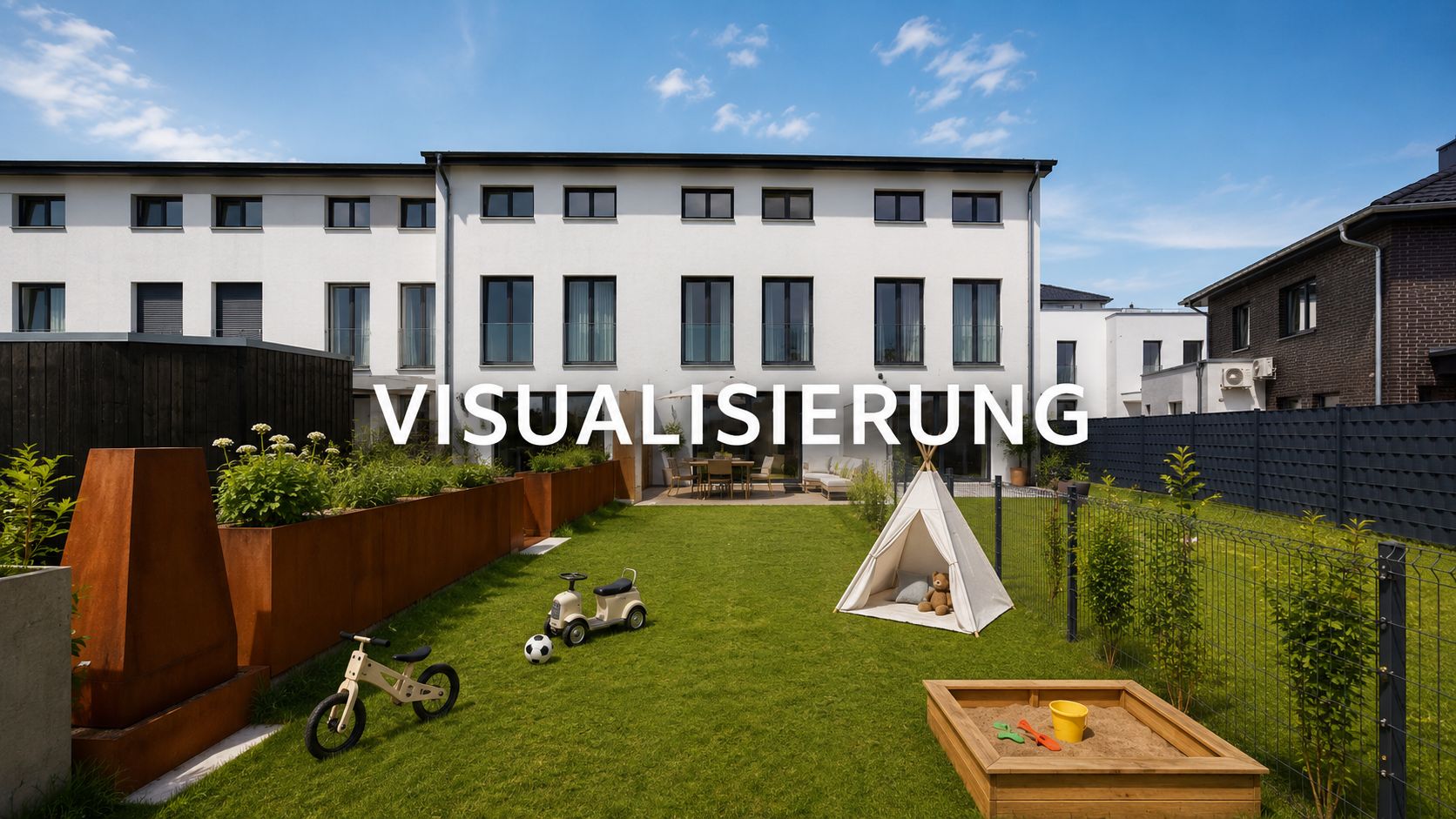 Garten mit Sandkasten, Spielzeug, kleinem Zelt und Sitzbereich hinter einem weißen Wohnhaus.