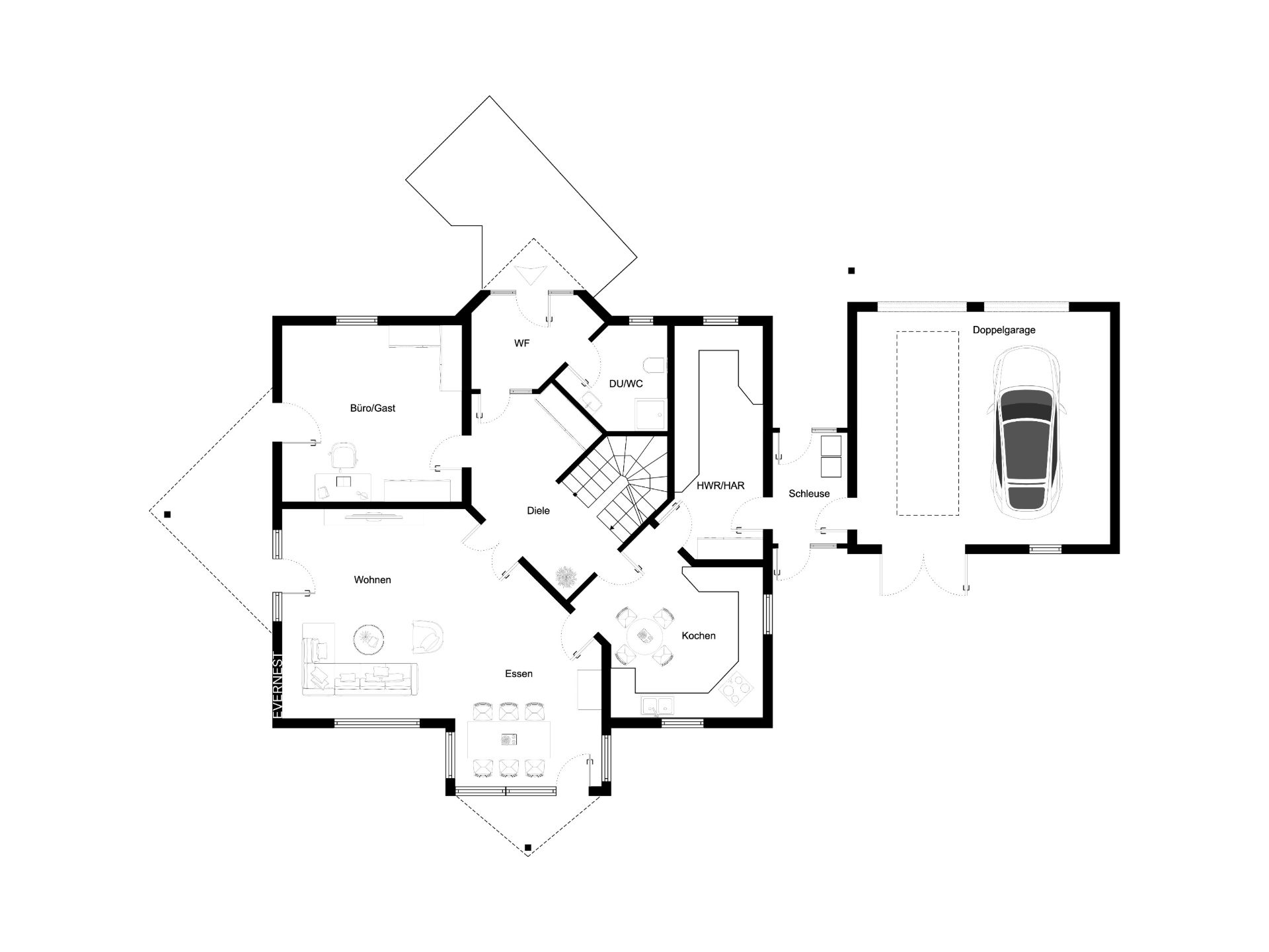 Grundriss eines Hauses mit Wohnzimmer, Küche, Essbereich, Büro und Doppelgarage.